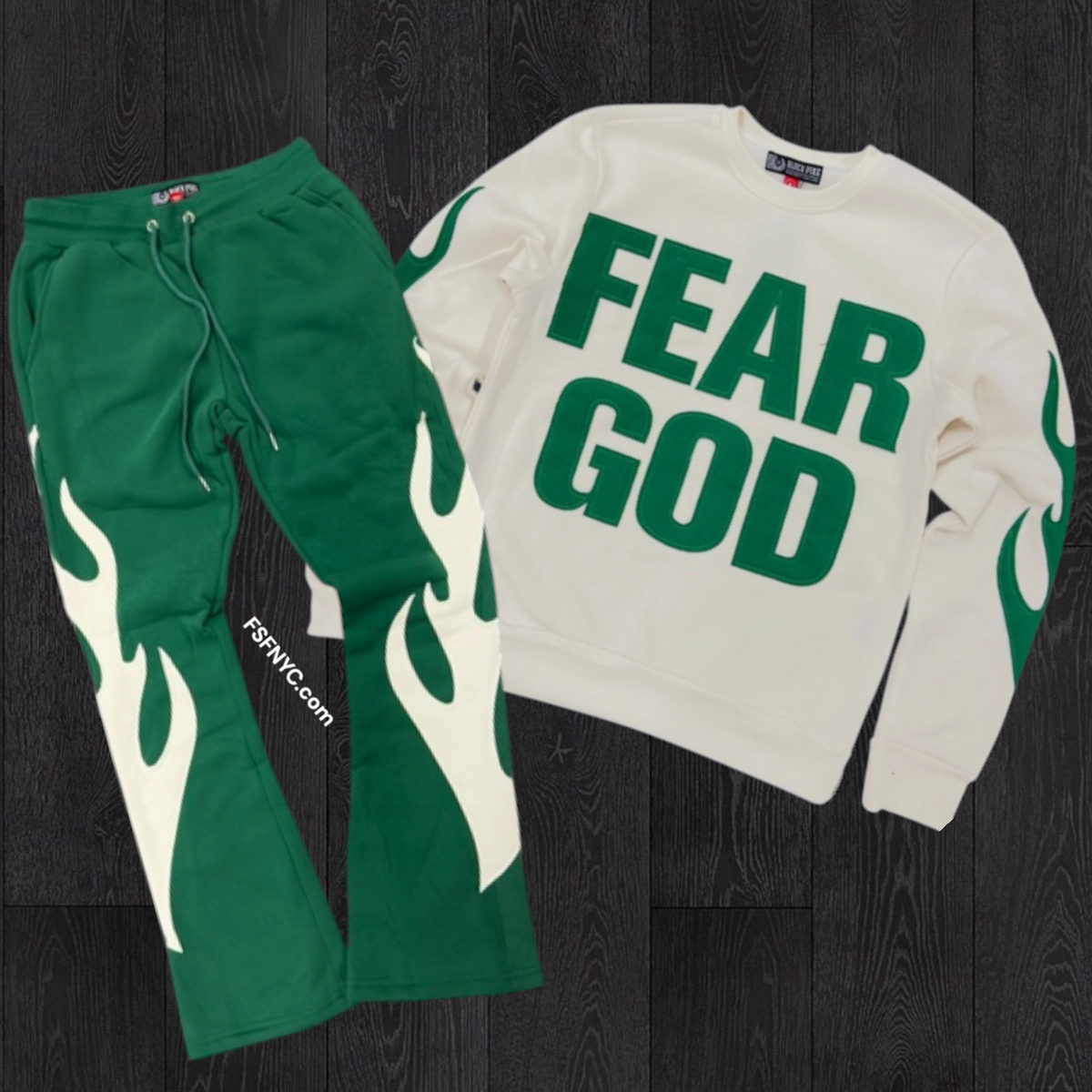 Pike - SET - Flare Fear Crew Sweatsuit - Natural/Green - 2617