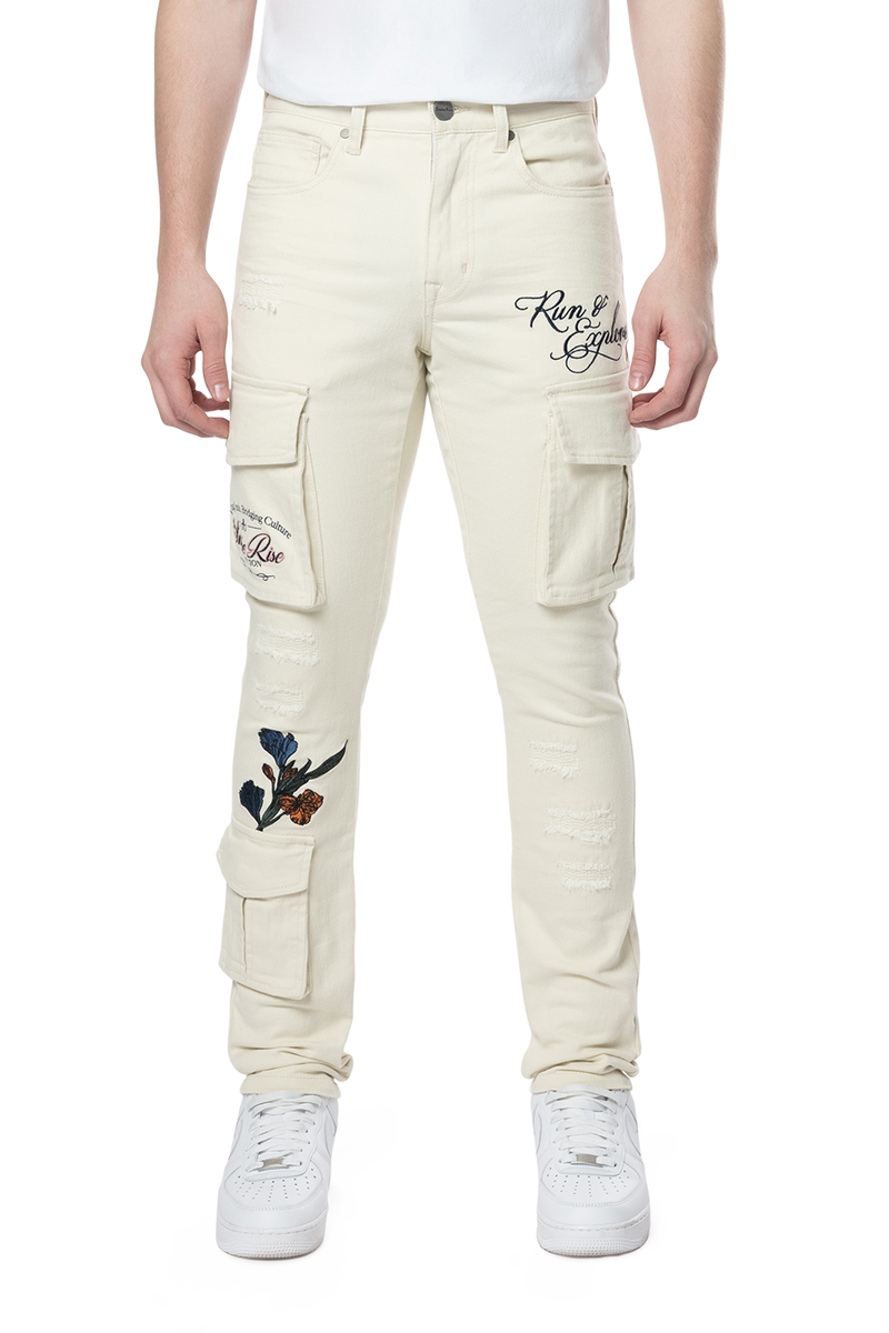 Rise Embroidered Cargo twill pants Ecru  24516