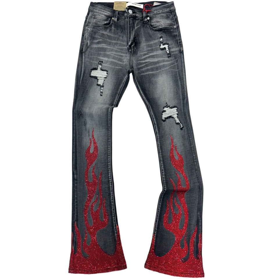 FSF Stacked Rhinestone Flames Denim Black/Red AJ23SK1