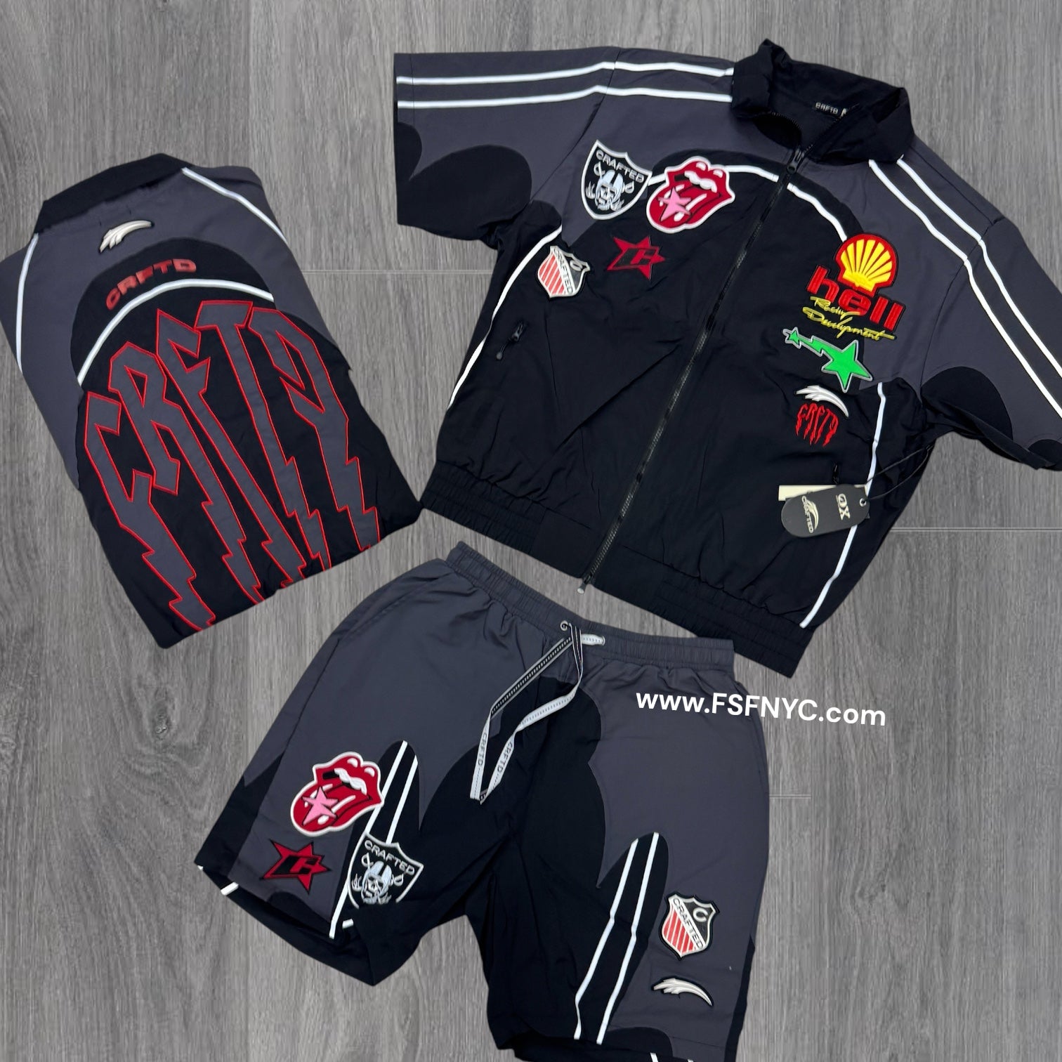 Crafted - Patch Work Windbreaker Short Set - Black - 589 590