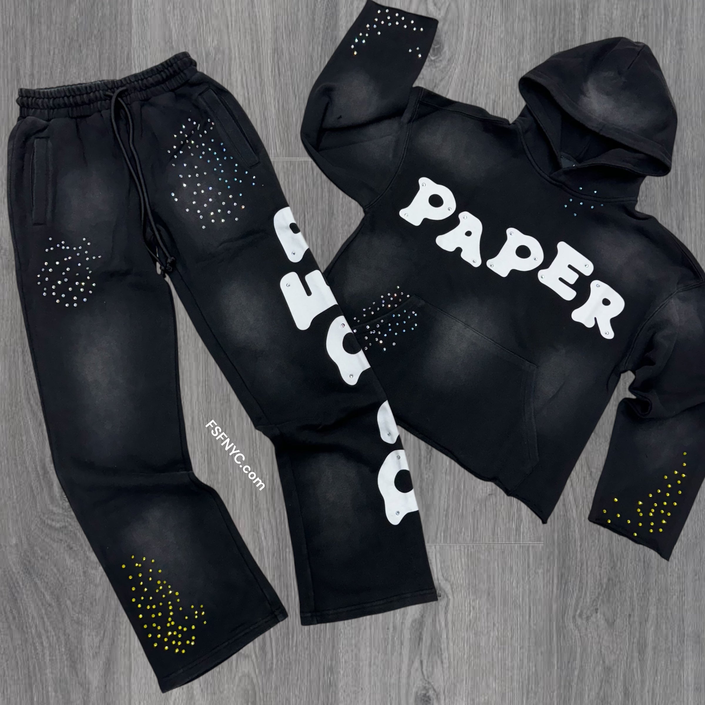 Paper Stacked Rhinestone Cut Off Sweatsuit Black