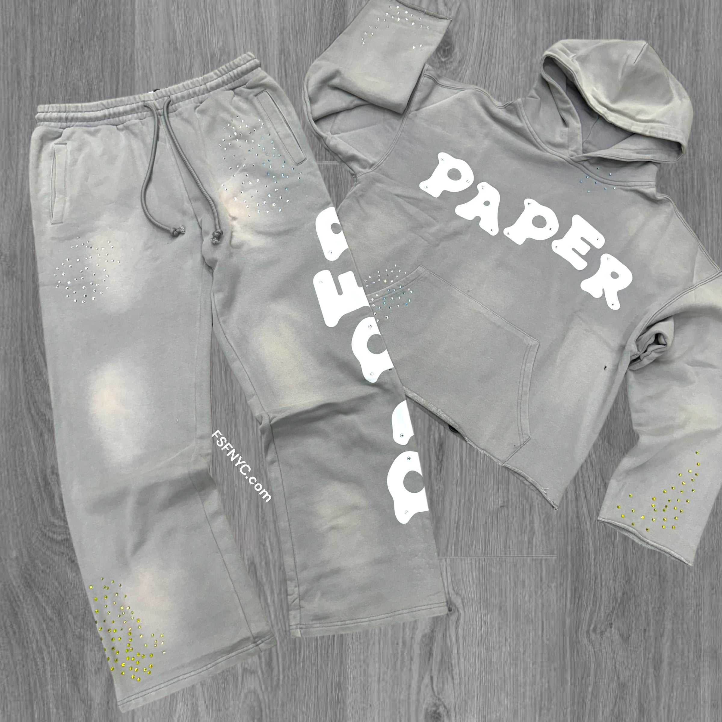 Paper Stacked Rhinestone Cut Off Sweatsuit Grey