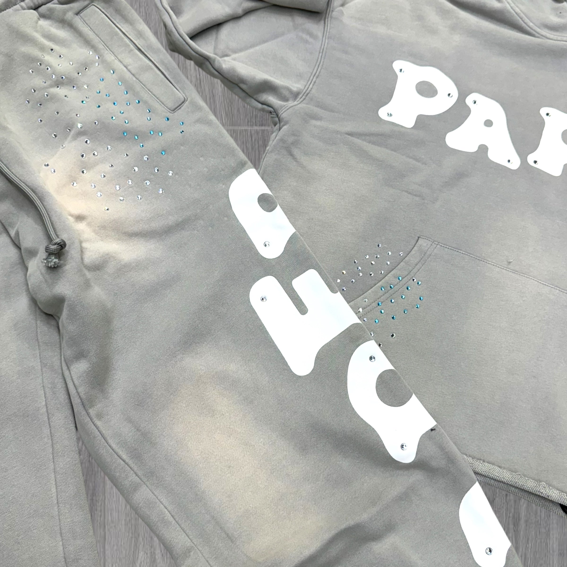 Paper Stacked Rhinestone Cut Off Sweatsuit Grey