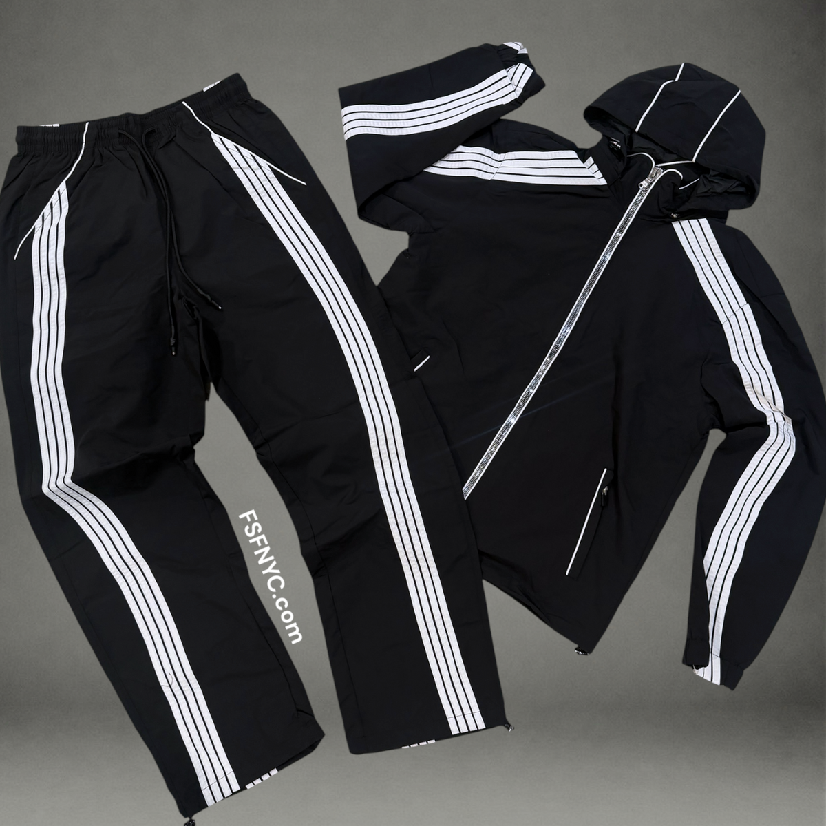 JC - Striped Windbreaker Set - Black 8812