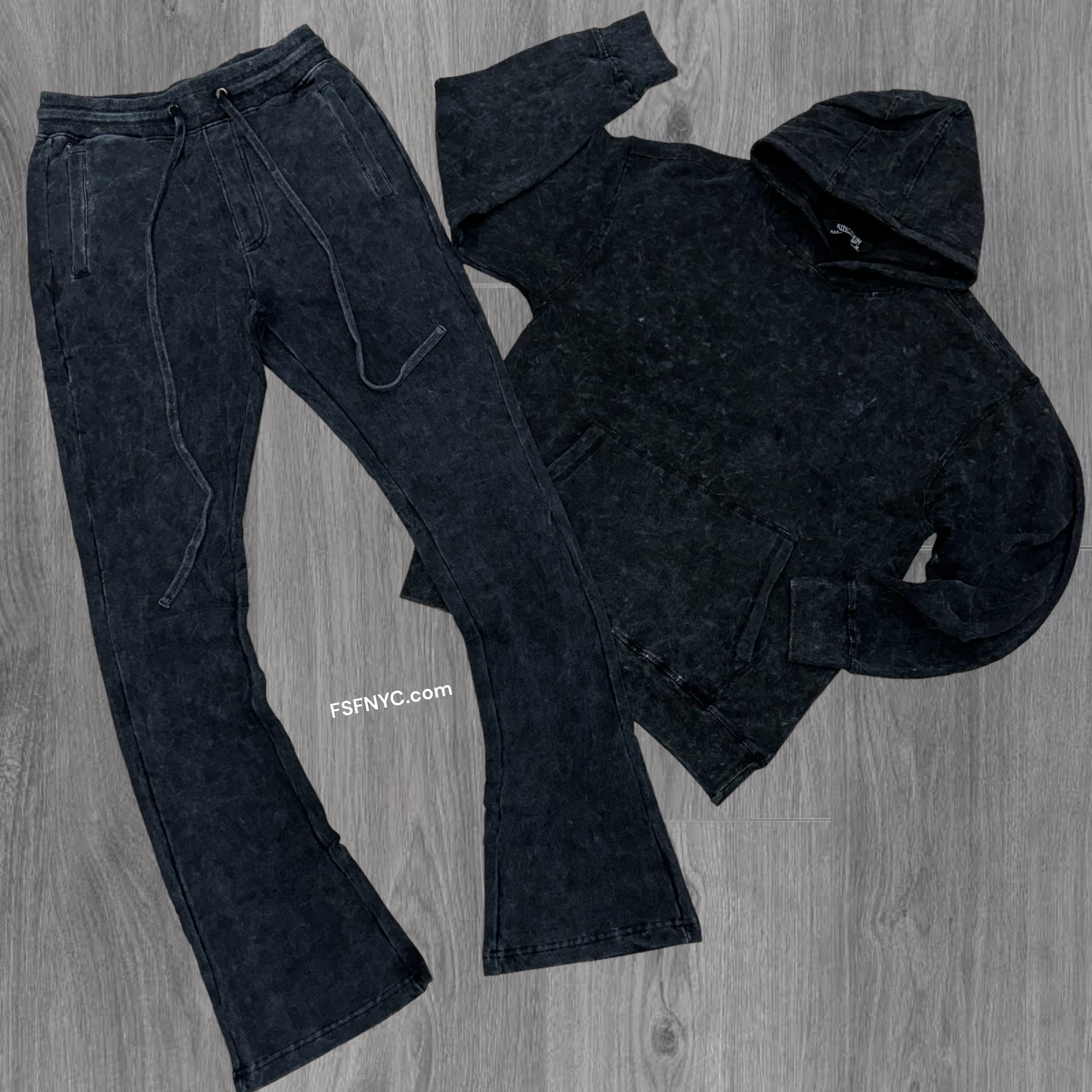 Rs Acid washed Stacked Pullover hoodie set Black 301 401