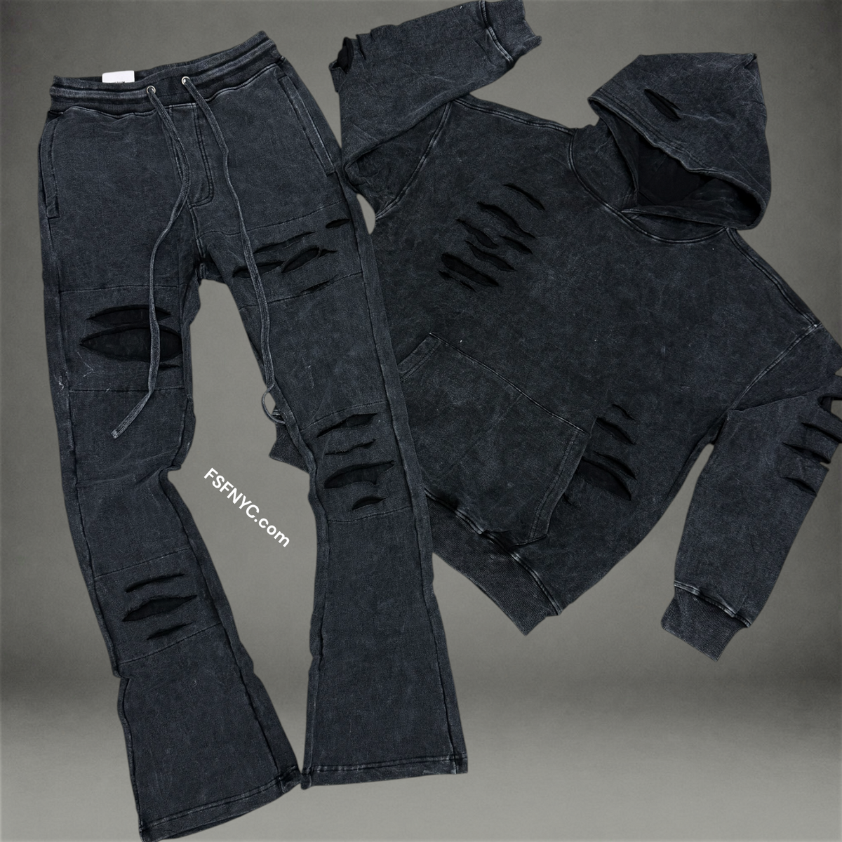 R- Stacked Acid Wash sweatsuit - Black - 314412