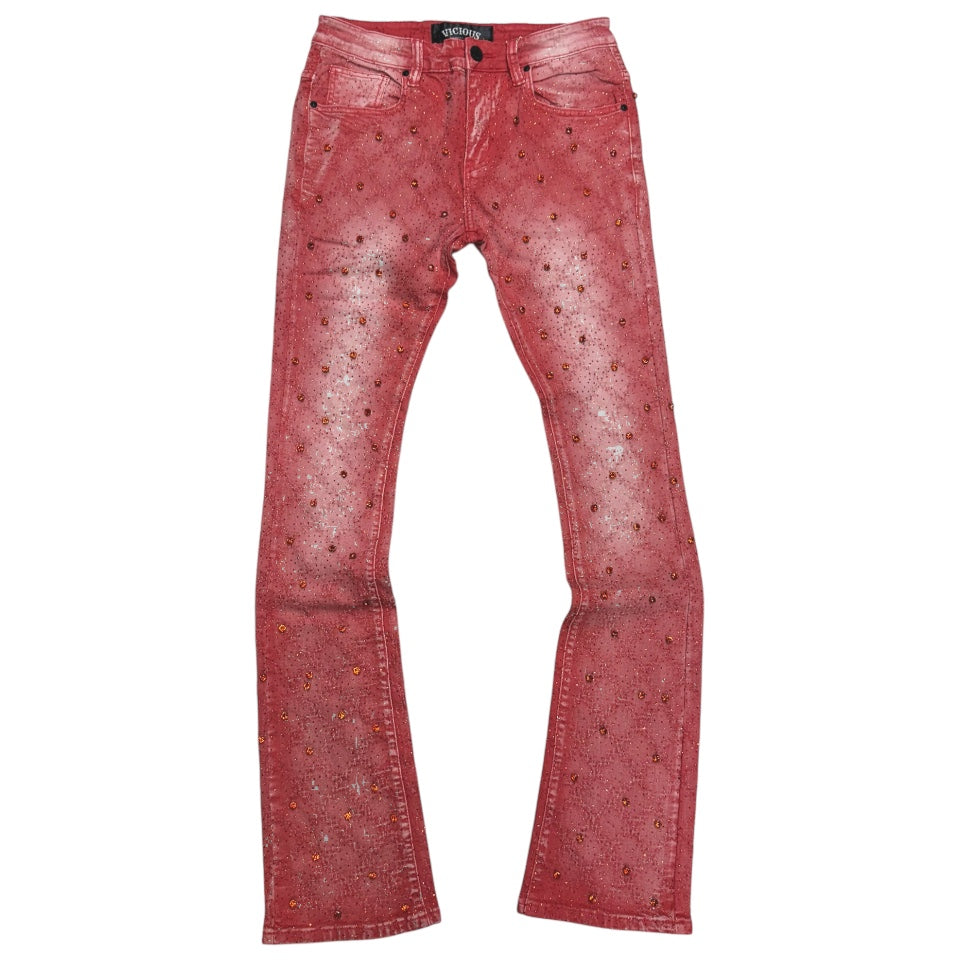 Vicious Stacked Cargo Crystals Denim Light Red VC510