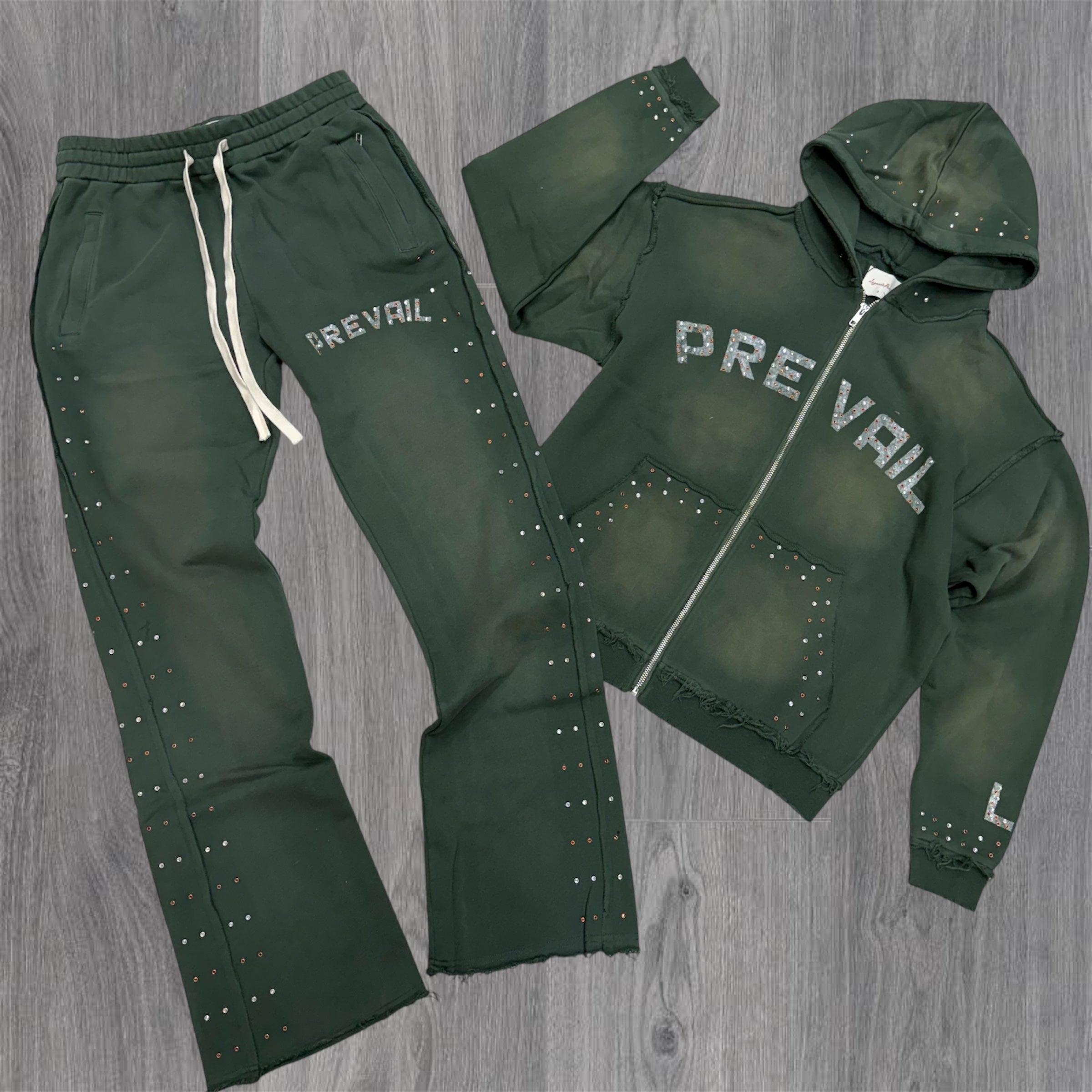 Prevail - Flare Rhinestone Sweat suit - Olive