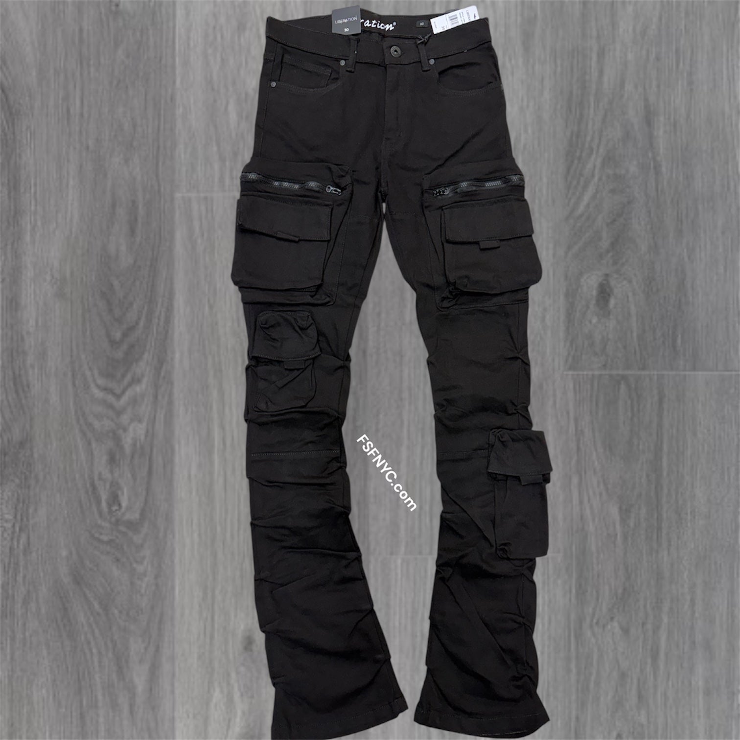 L - Stacked Cargo Pants - Jet Black-  7094