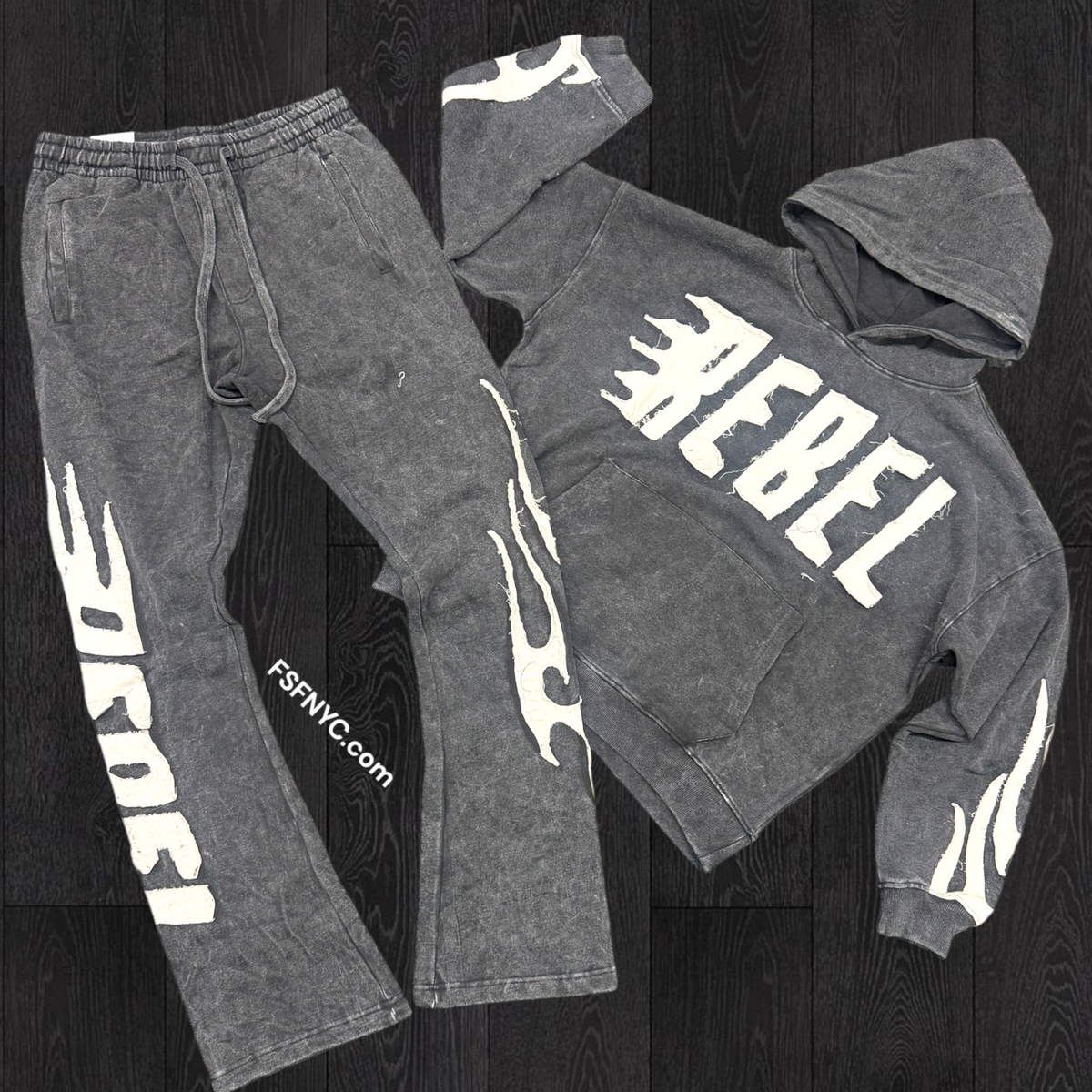 Rebel - SET - Acid Wash  Flame sweat suit - Grey -  341441