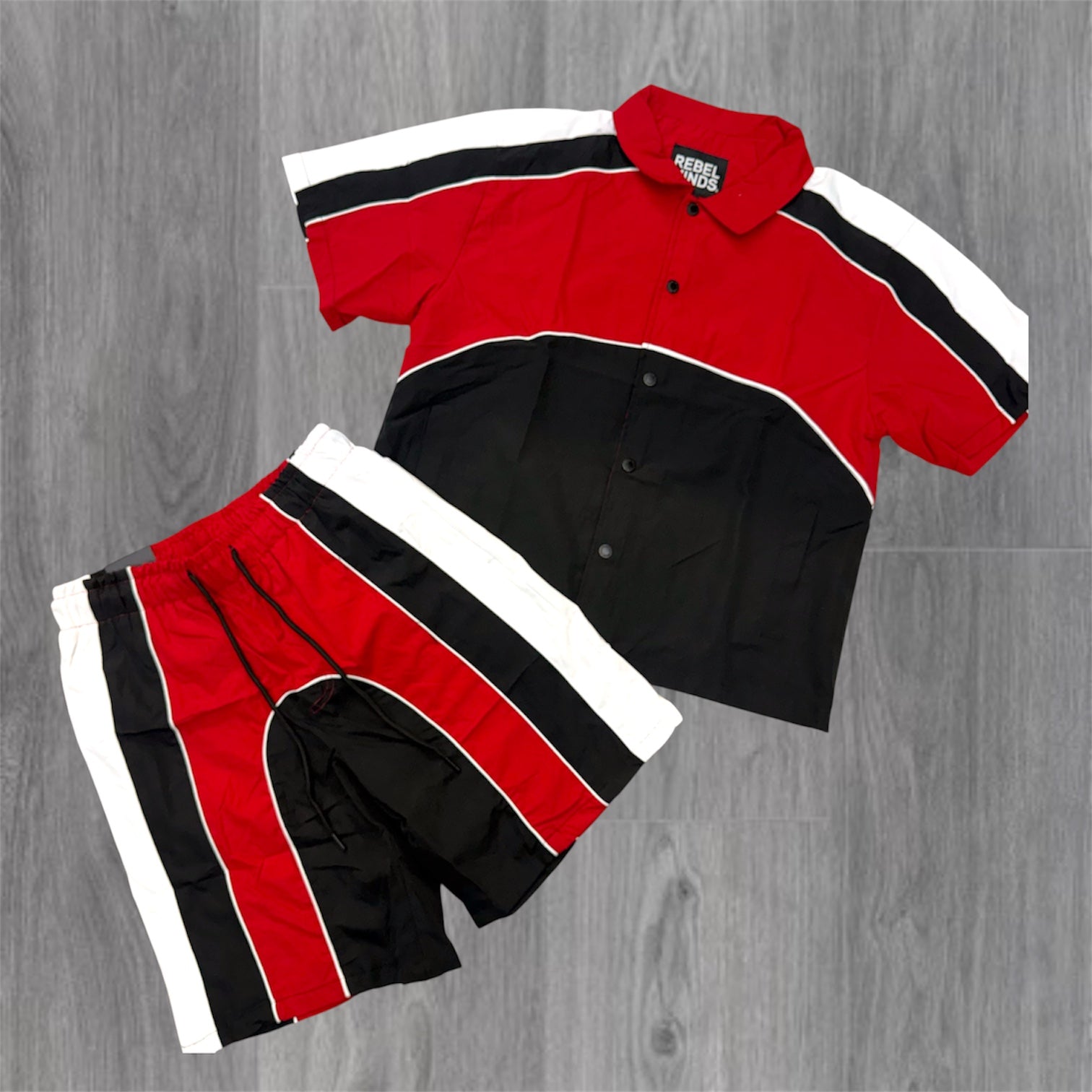 R - Nylon Color Block Short Set -  Red - 731931