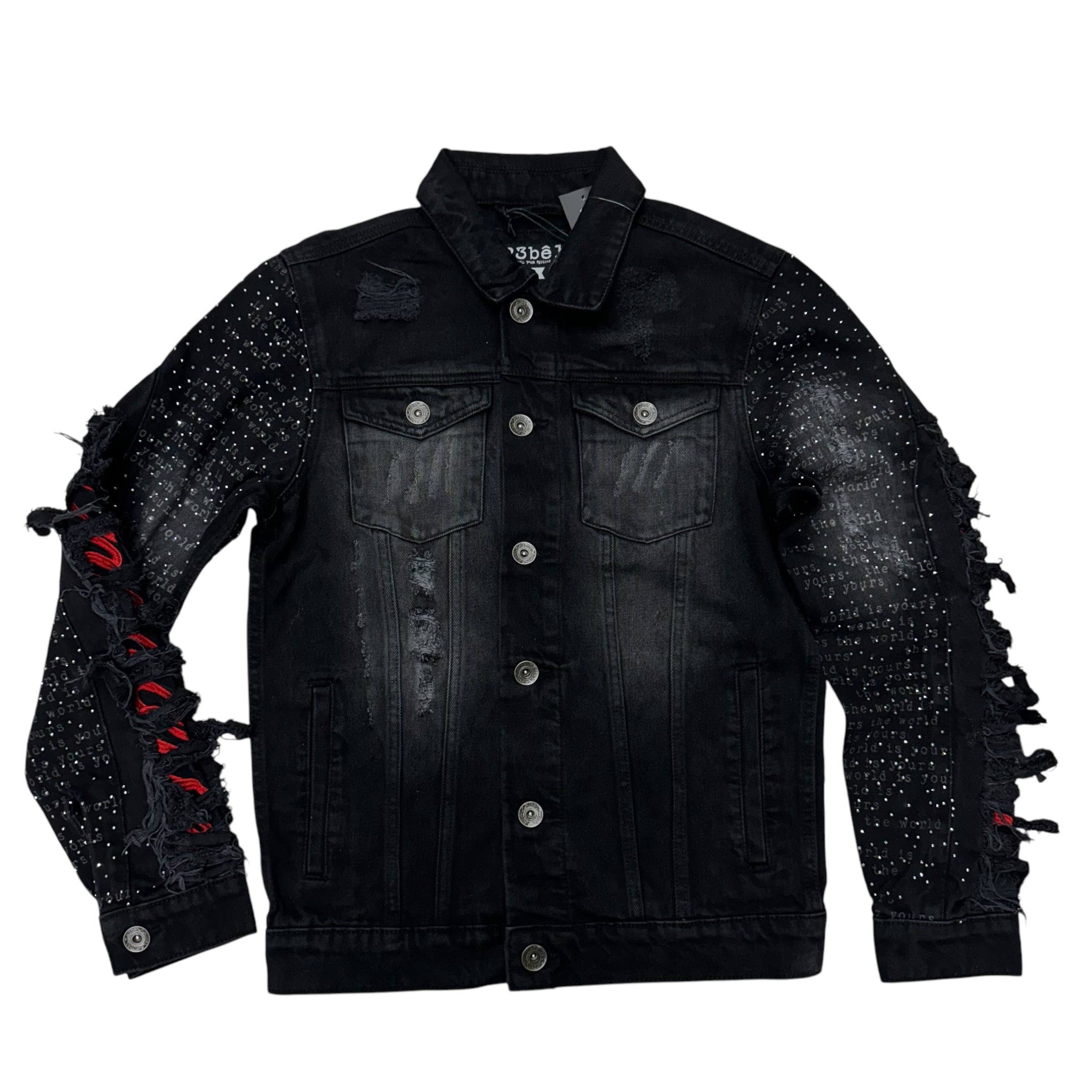 R Rhinstone Distress Denim Jacket Black 585 685