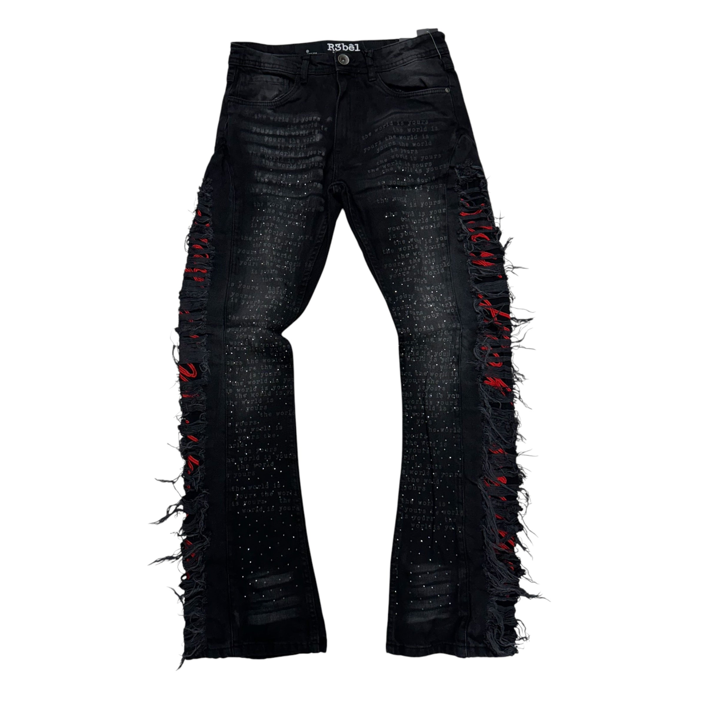 Stacked Rhinestone Distress Black Denim 685