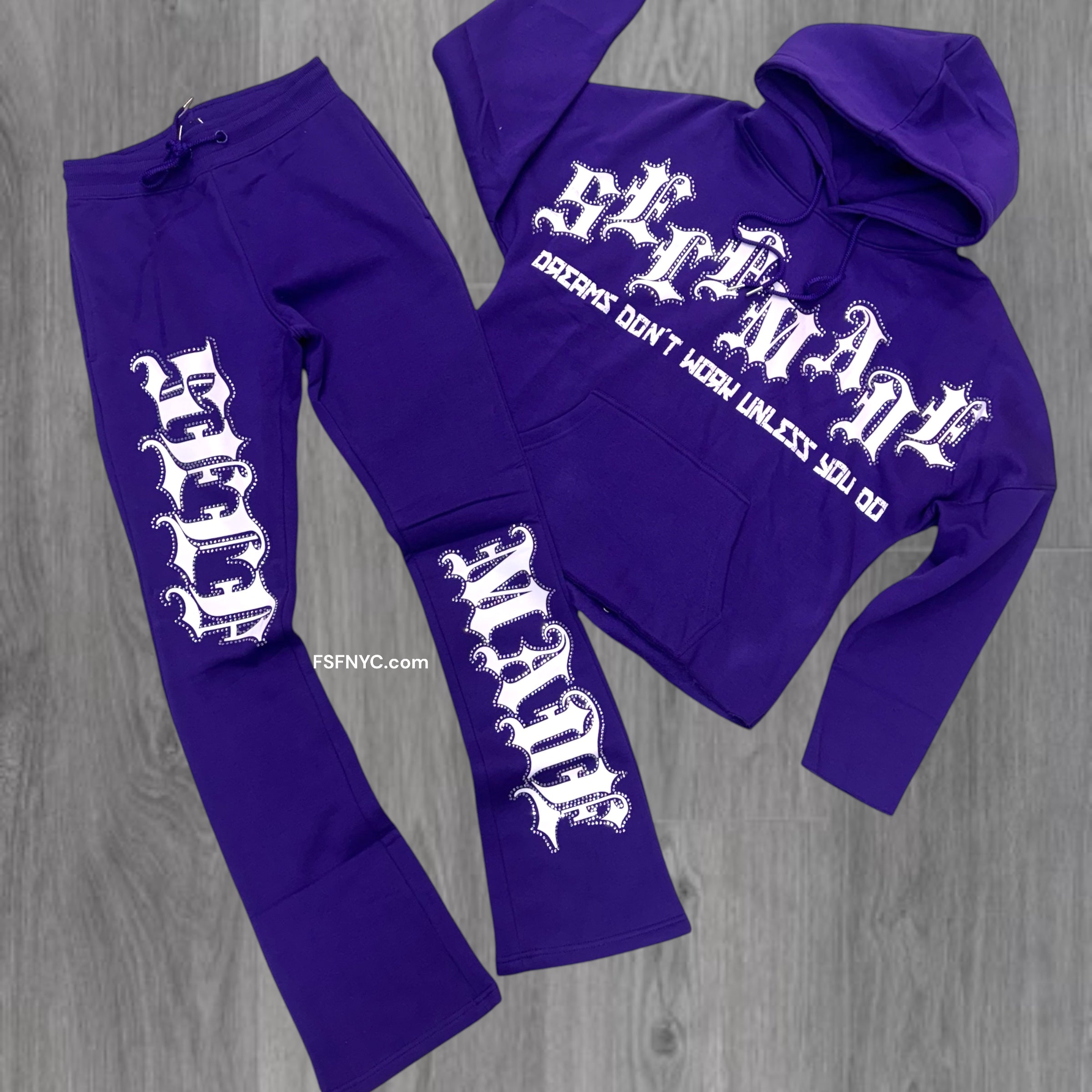 Dreams Stacked Rhinestone Cut Off SweatSuits Purple 80671