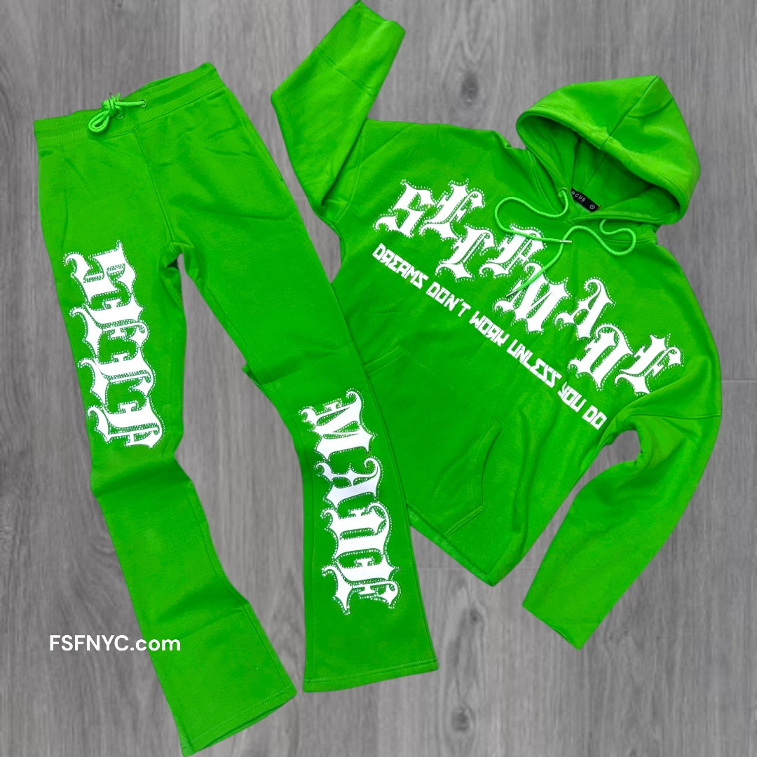 Dreams Stacked Rhinestone Cut Off SweatSuits Lime Green 80671