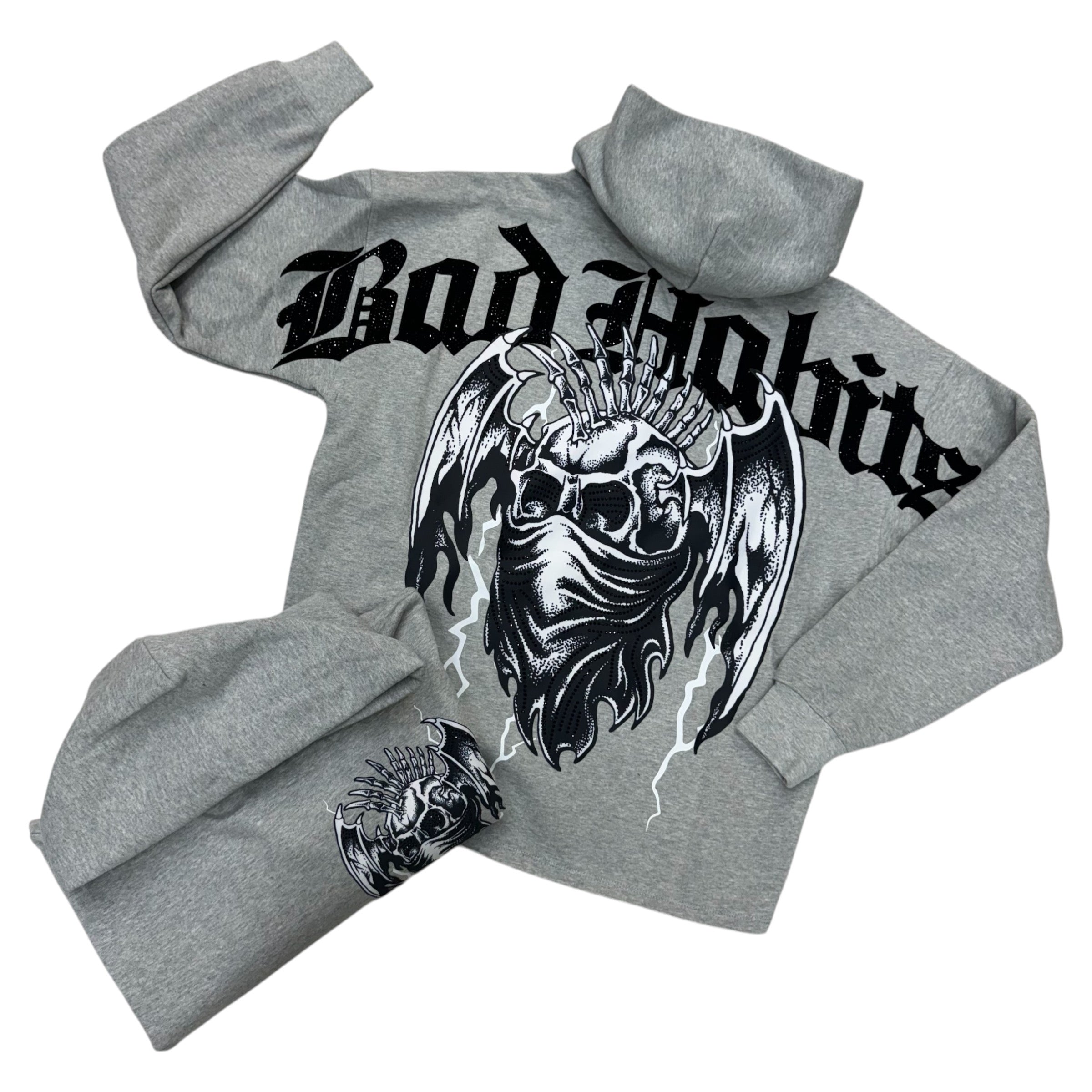 Roku Rhinestone Bad Habits  crop Hoodie grey 1561