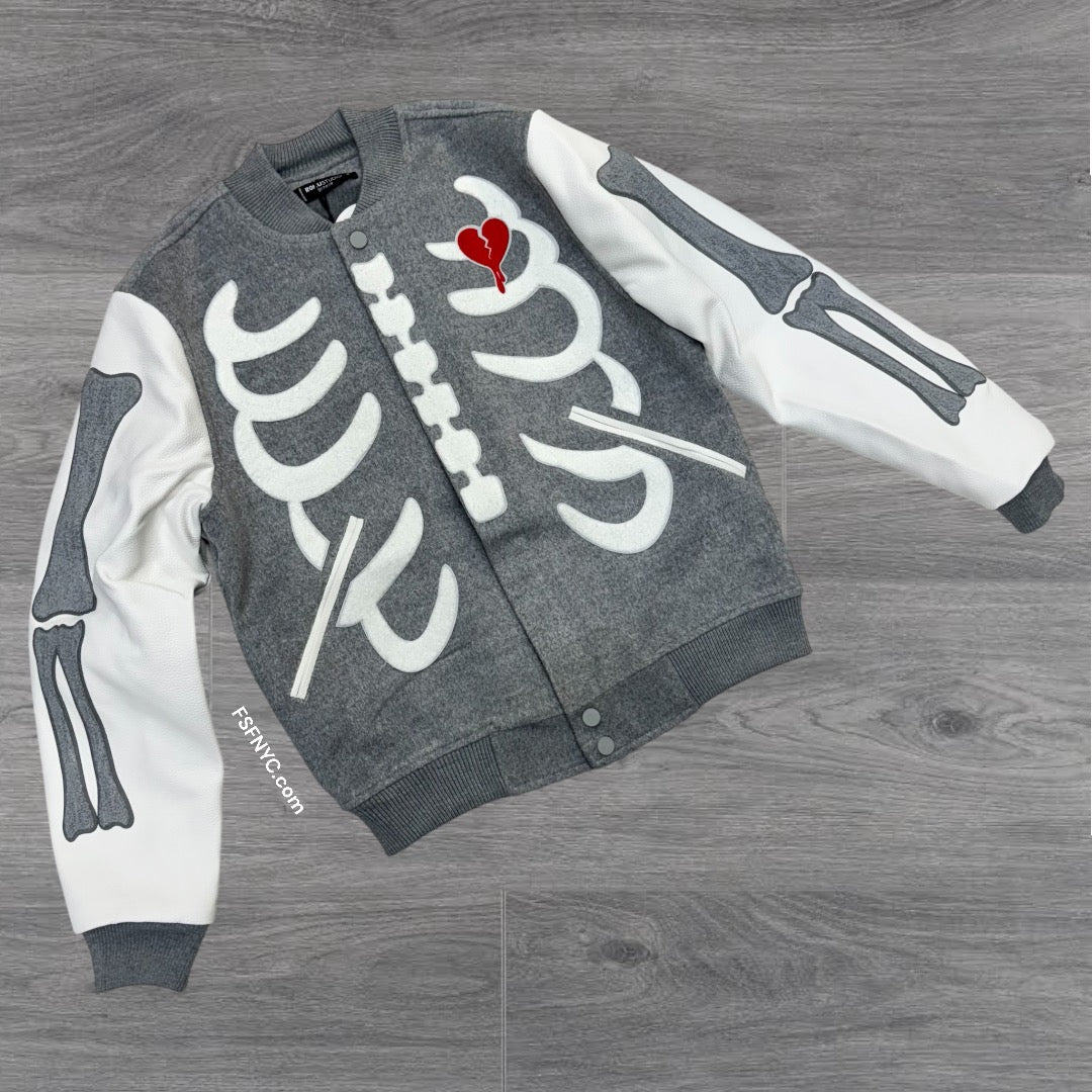 Roku Ribcage varsity jacket (wool leather) h grey white