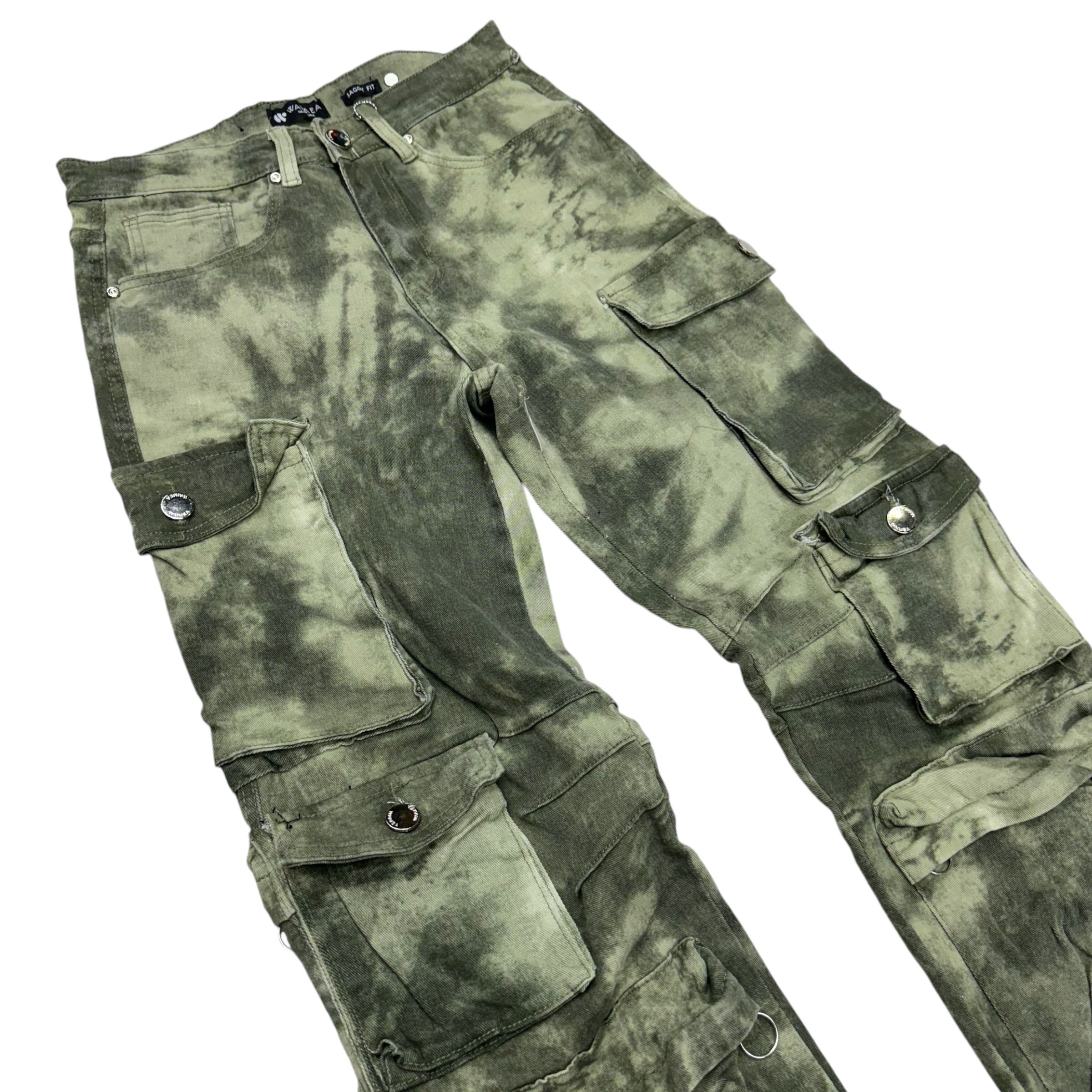 Baggy Fit Cargo Denim green tie dye camo jeans 8037