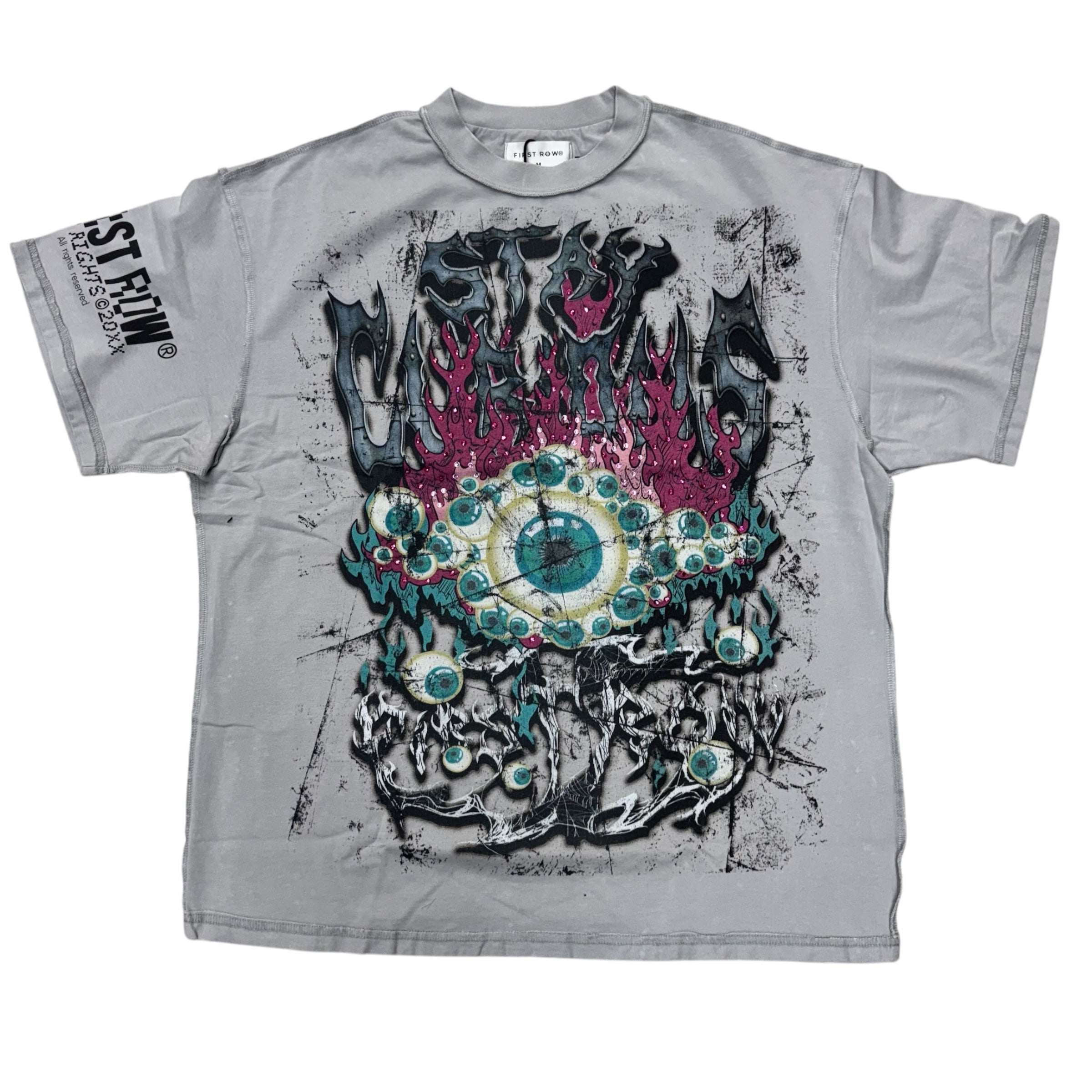 FR Rhinestone Stay Curious Eyeball Tee Grey