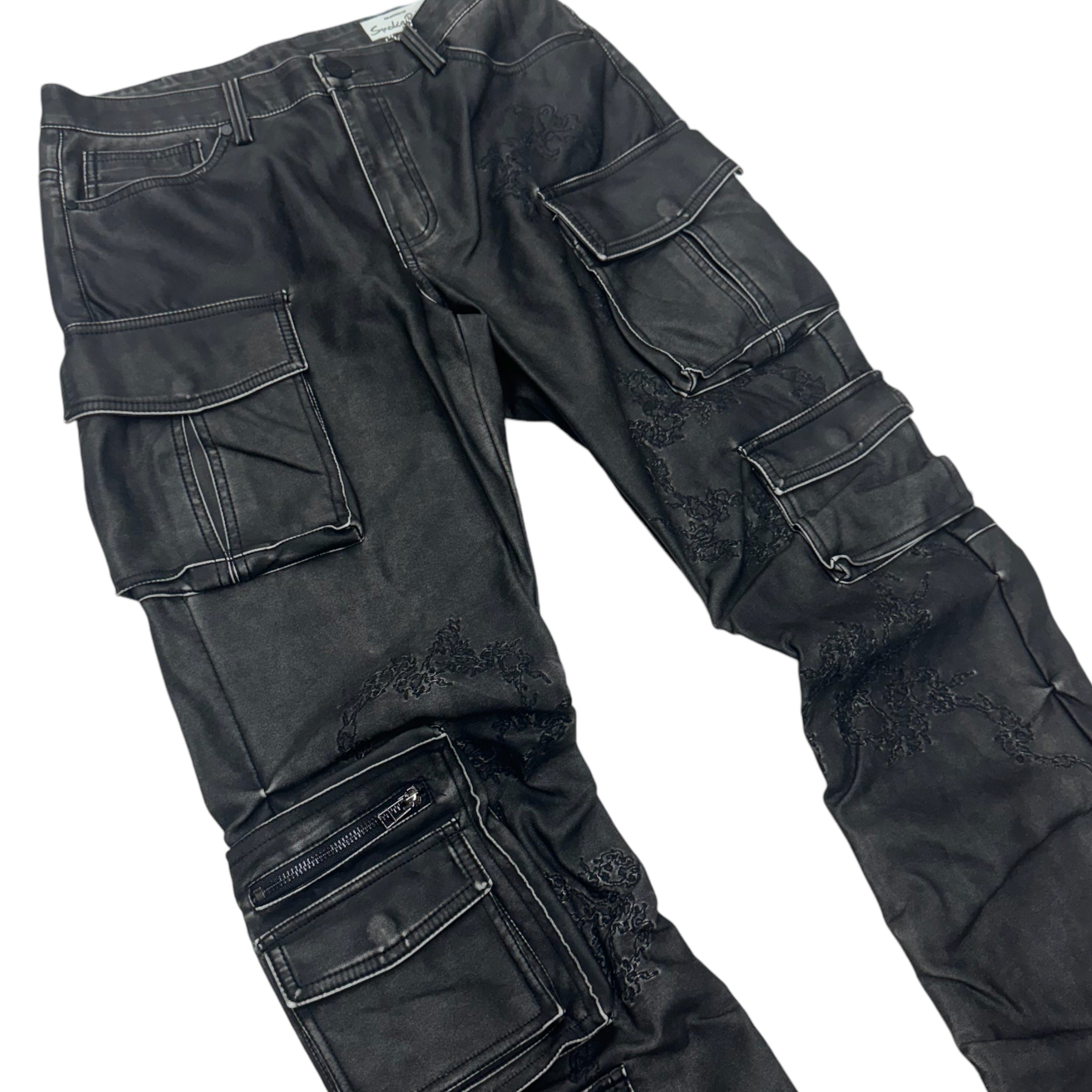 Rise Stacked PU utility Pants Washed Black 24684