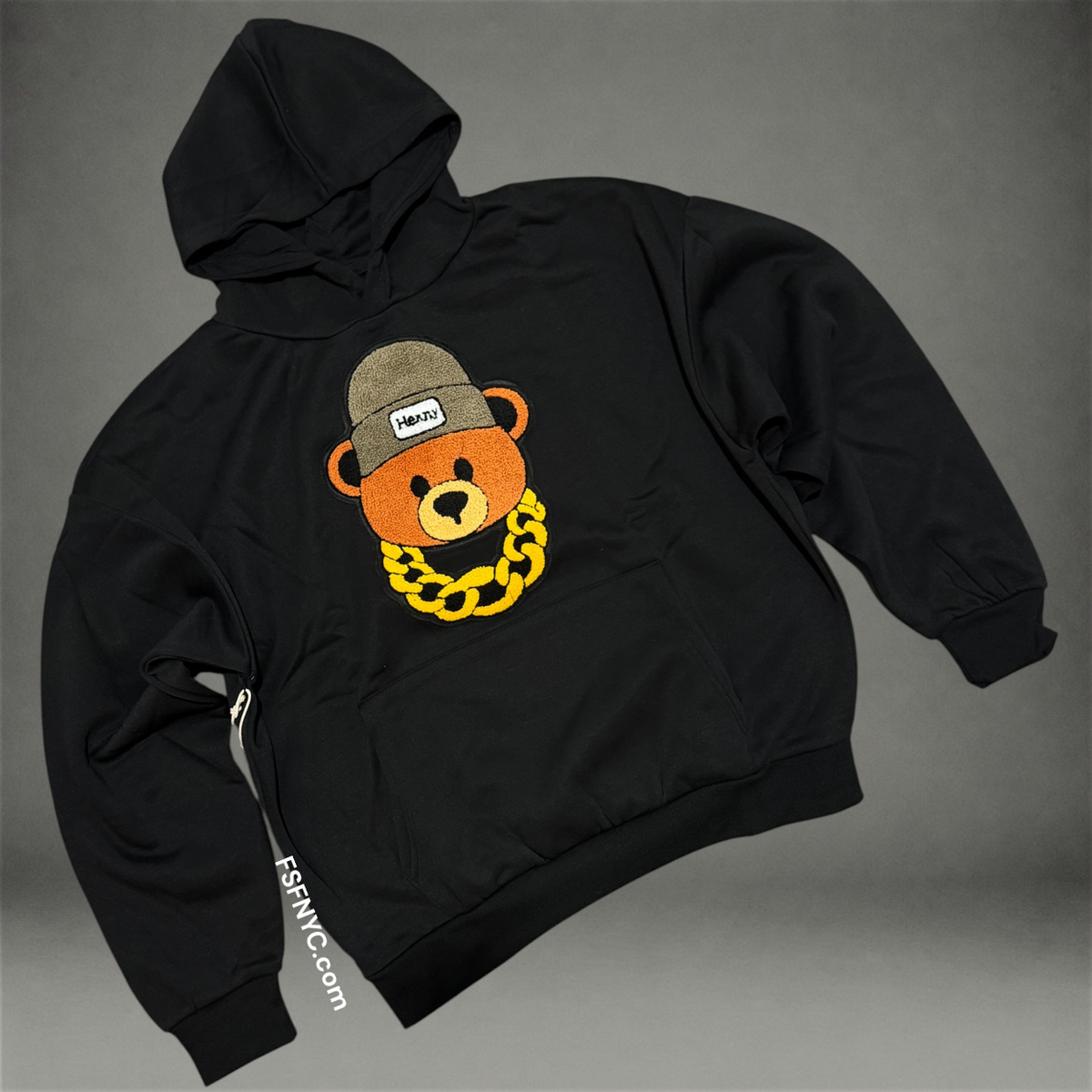Chenille Bear Hoodie - Black 620