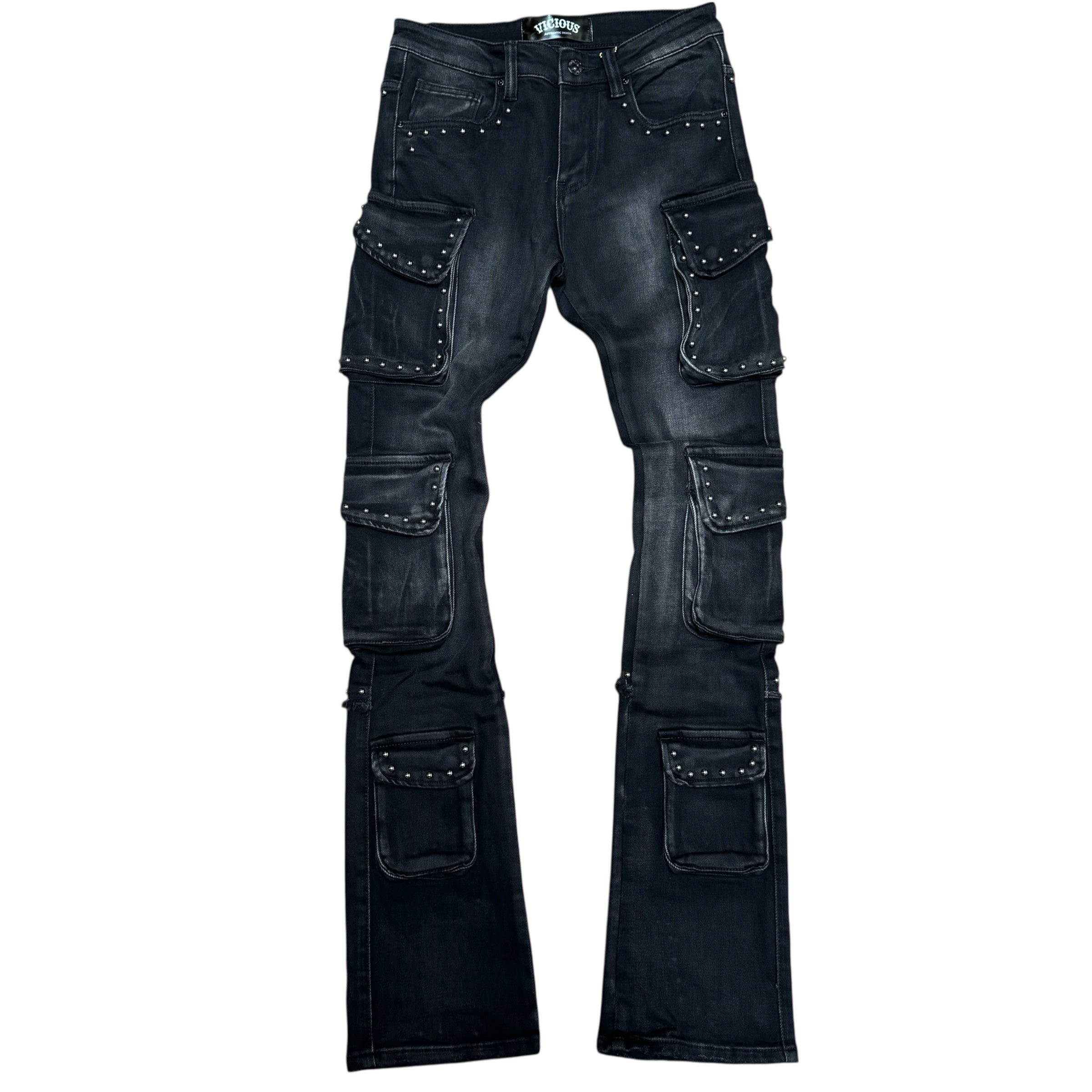 Vicious -  STACKED MULTI CARGO STUDDED DENIM BLACK - VC844