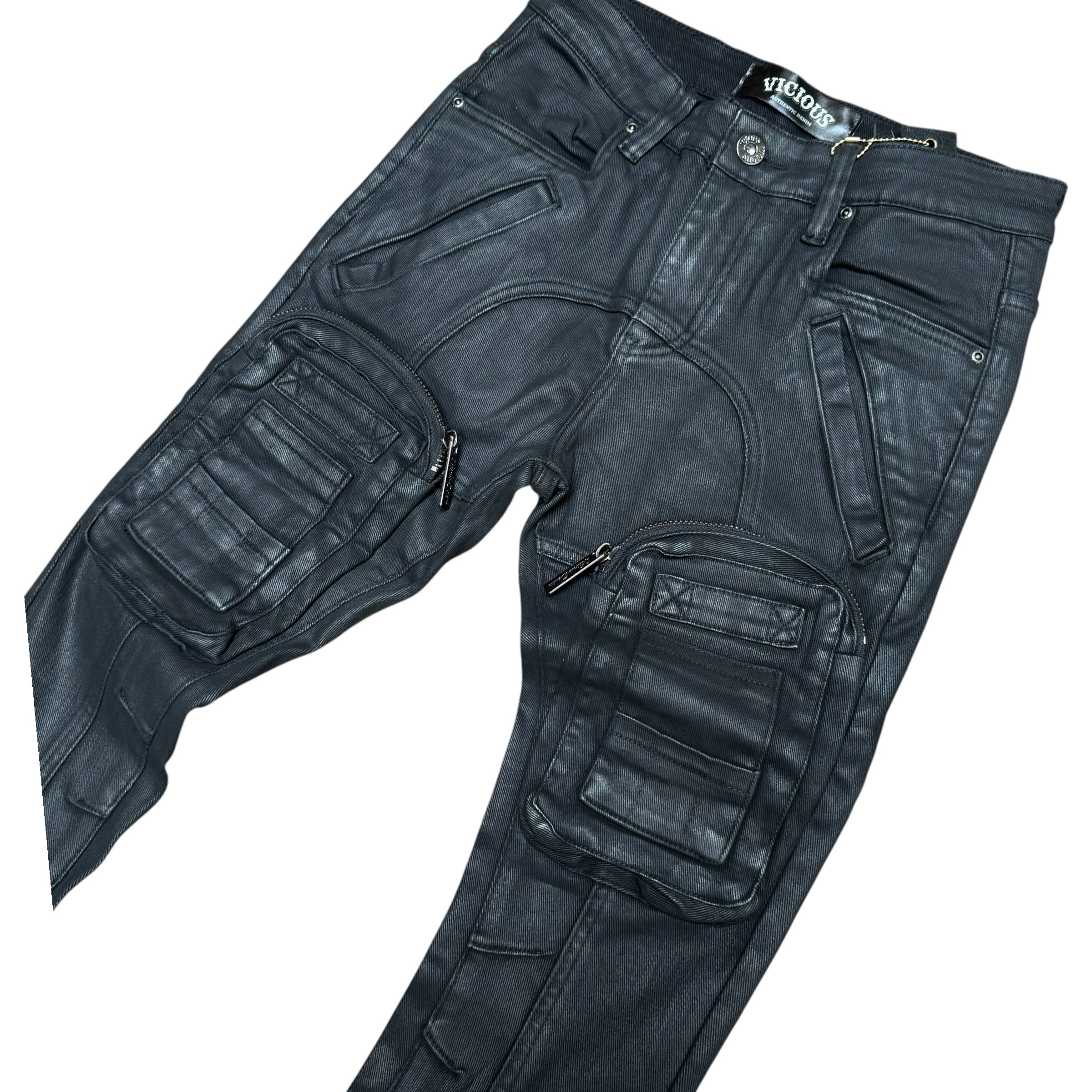 Vicious - STACKED WAXED ZIP 3D CARGO DENIM Black - VC423