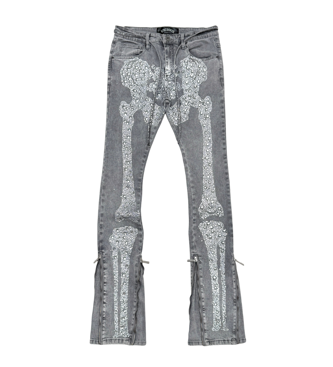Vicious- STACKED RHINESTONE SKELETON DENIM GREY- VC807