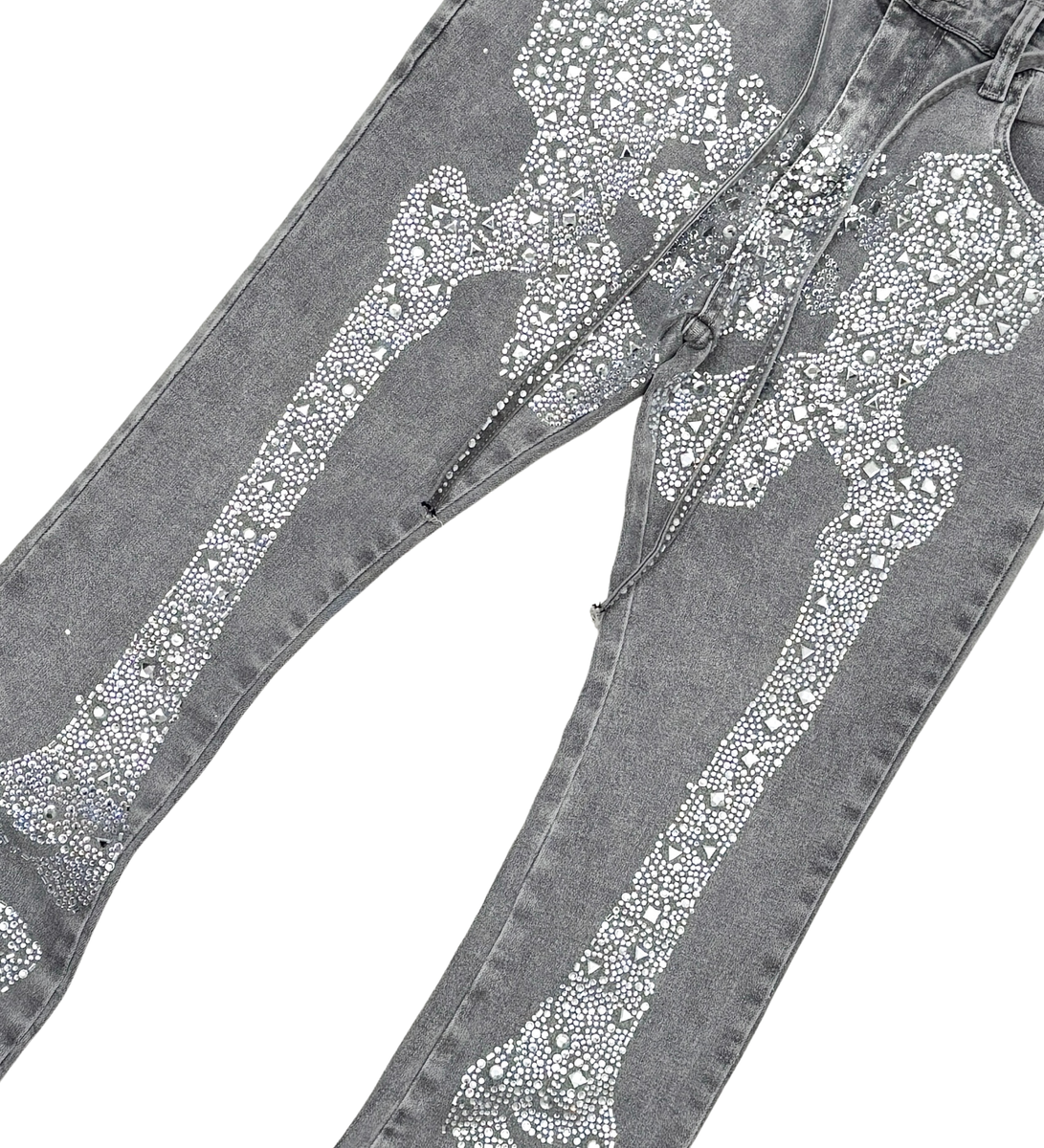 Vicious- STACKED RHINESTONE SKELETON DENIM GREY- VC807