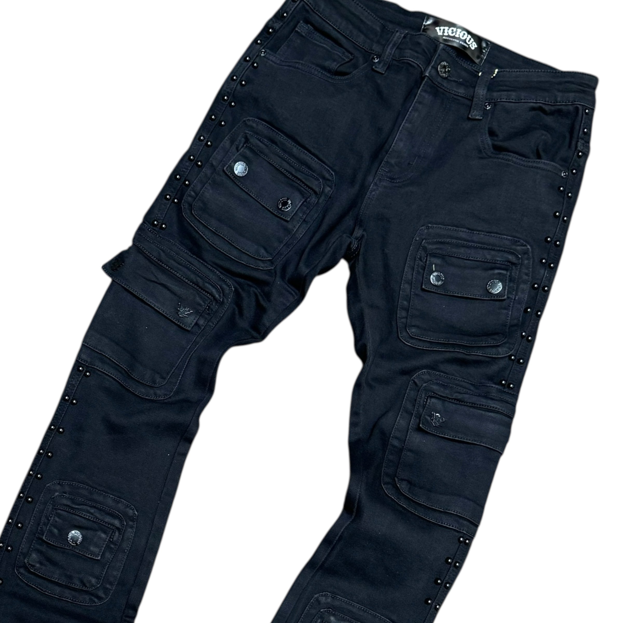 Vicious - STACKED STUDDED WARRIOR DENIM JET BLACK- VC671