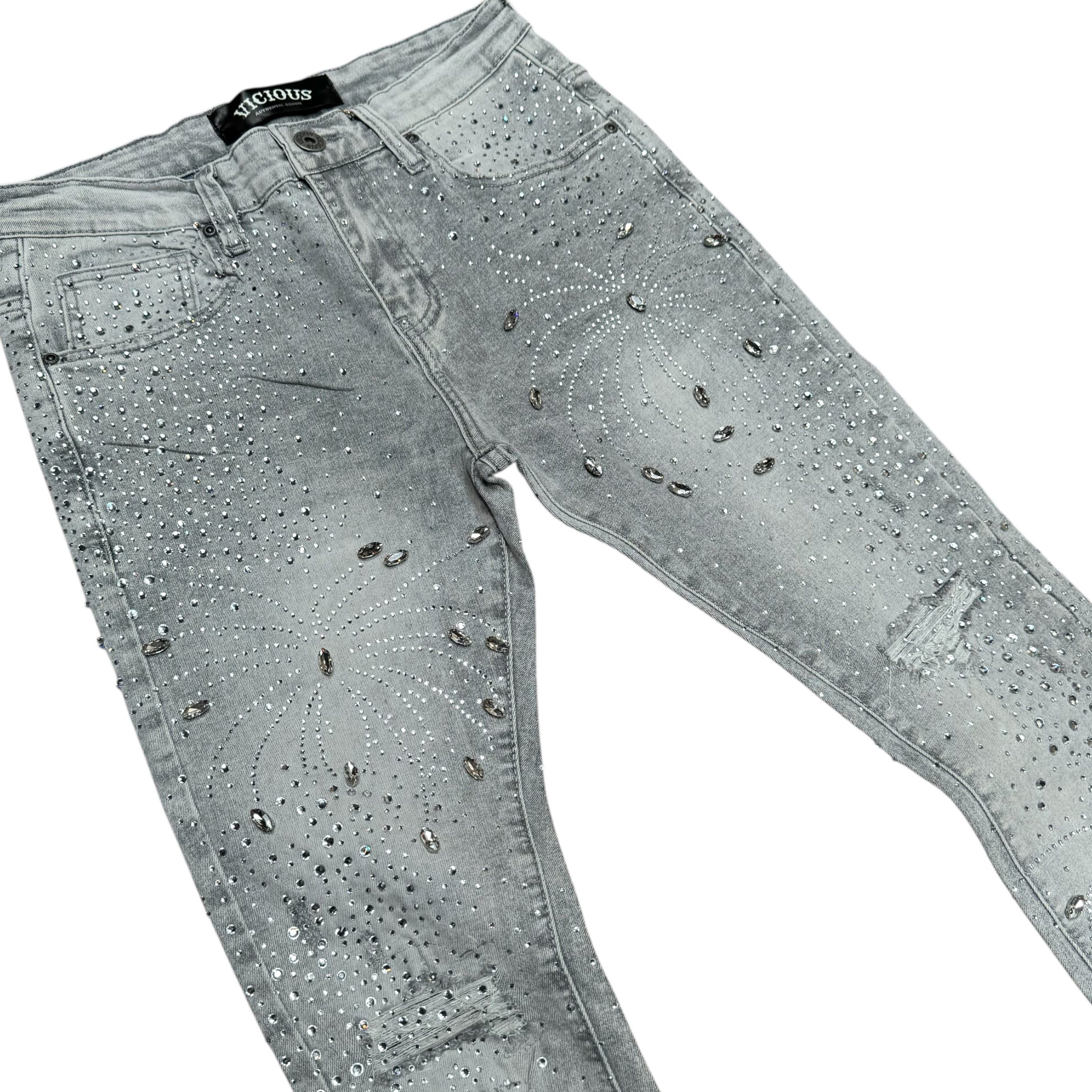 Vicious - STACKED EMBELLISHED RHINESTONE DENIM L.GREY - VC951