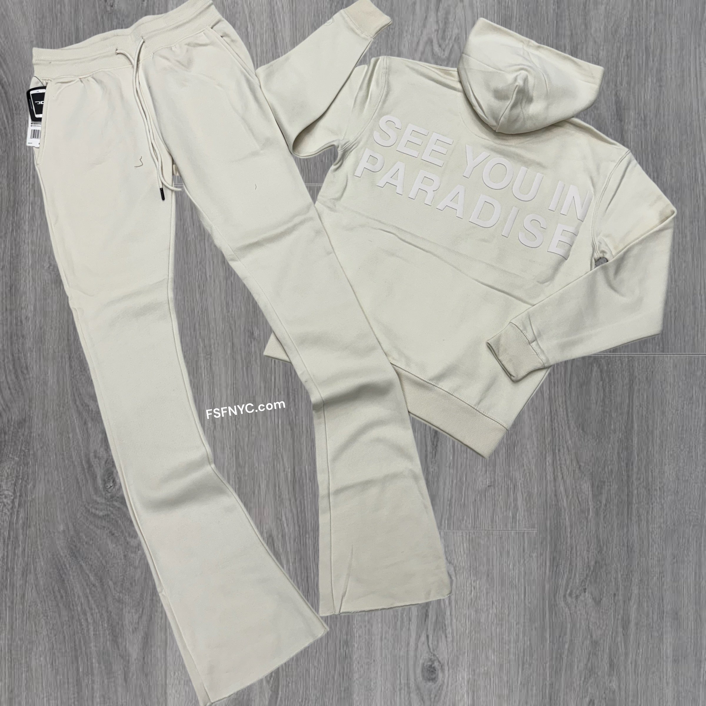 JC stacked see you in paradise sweat suit Bone 8862