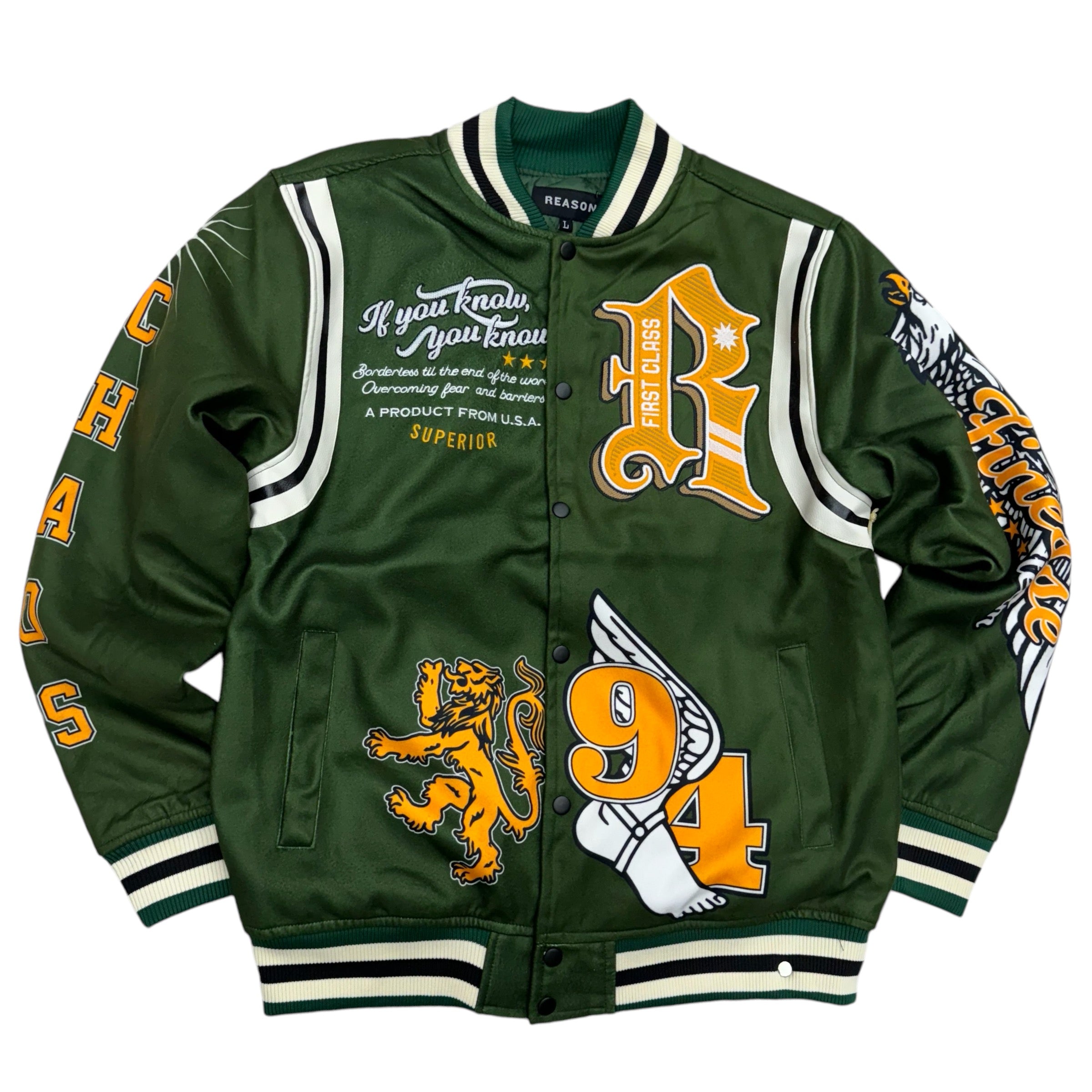 Reason Dept Of Chaos Letterman Styke Jacket Green “poly wool”OWG18