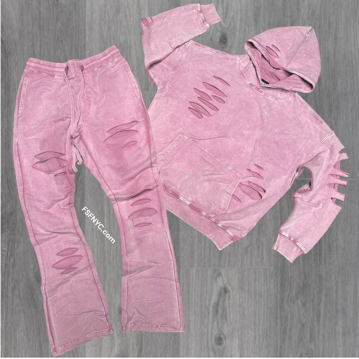 Rebel - STACKED RIPPED ACID WASH SWEATSUIT - SAGE PINK - 312-412