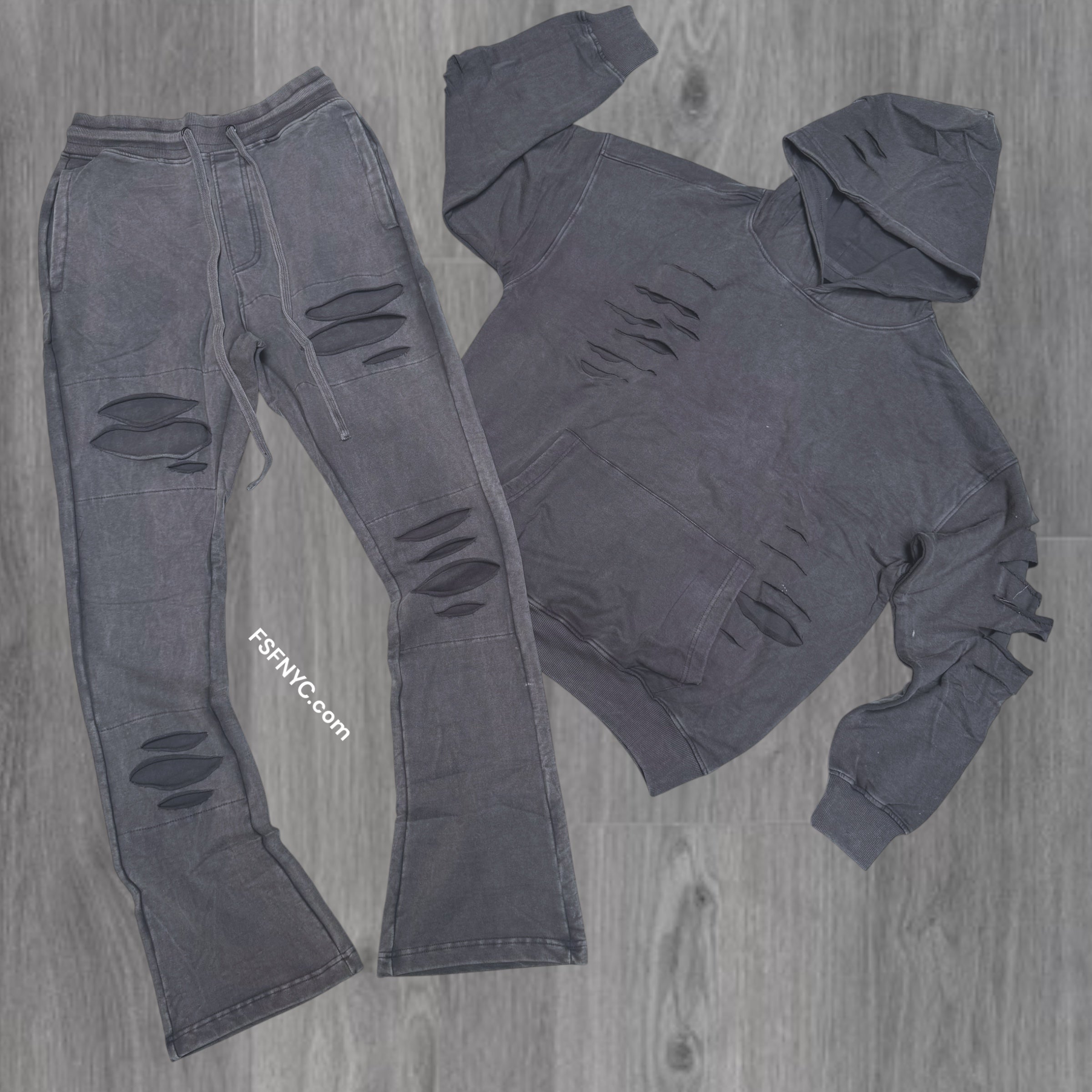 Rebel - STACKED RIPPED ACID WASH SWEATSUIT - GREY - 312-412