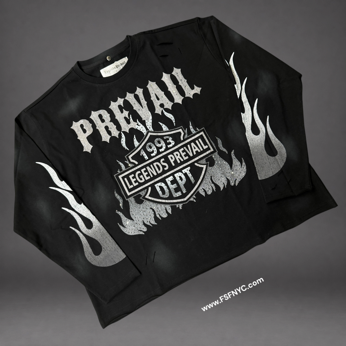 Prevail - Flame Rhinestone Long Sleeve T-Shirt - Black 127
