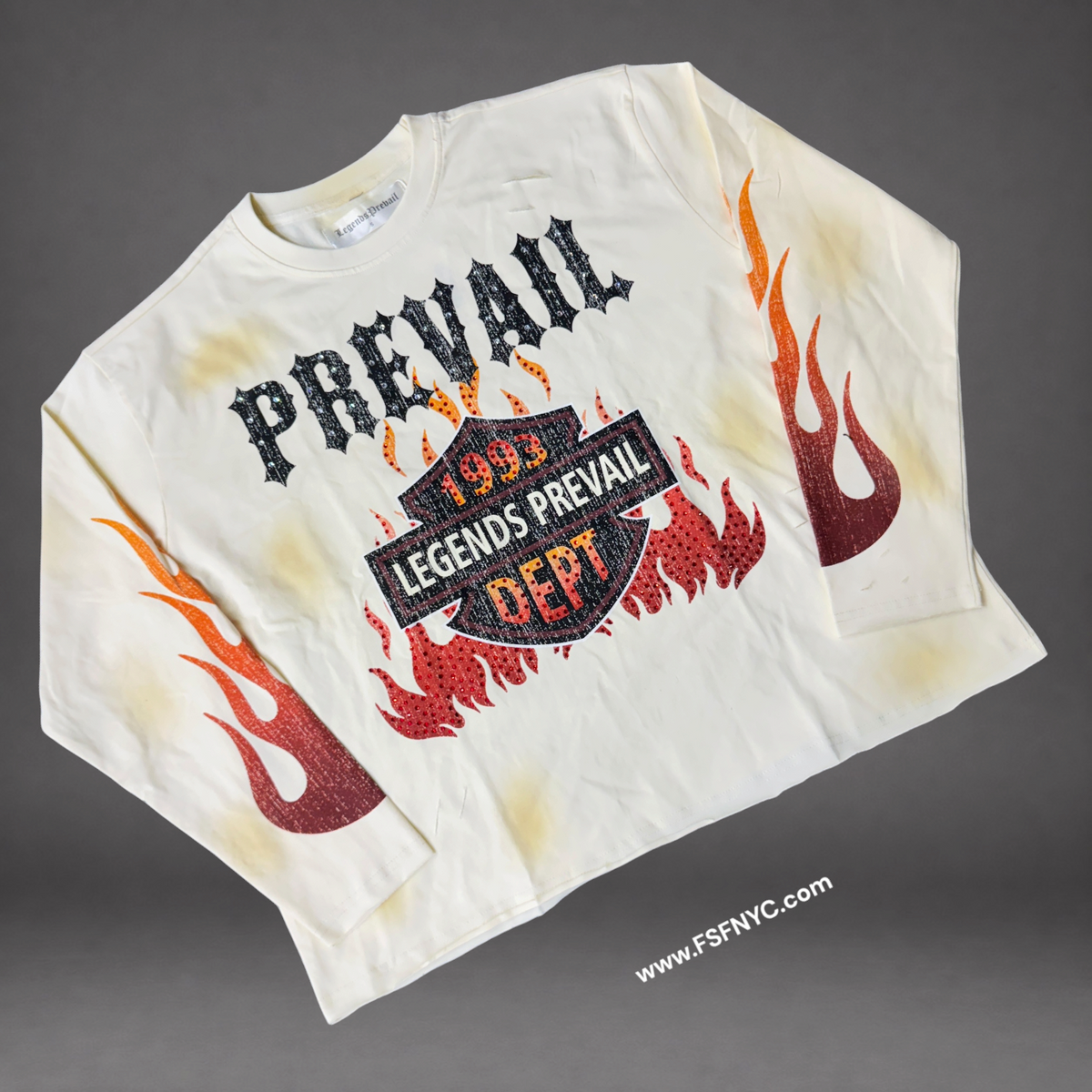 Prevail - Flame Rhinestone Long Sleeve T-Shirt - Cream 127