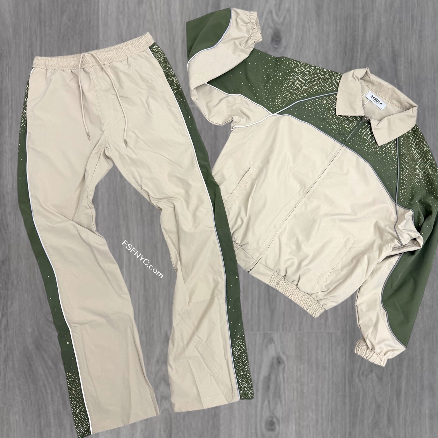 Baruda - stacked Rhinestone Windbreaker Set - Sand/Olive - 610