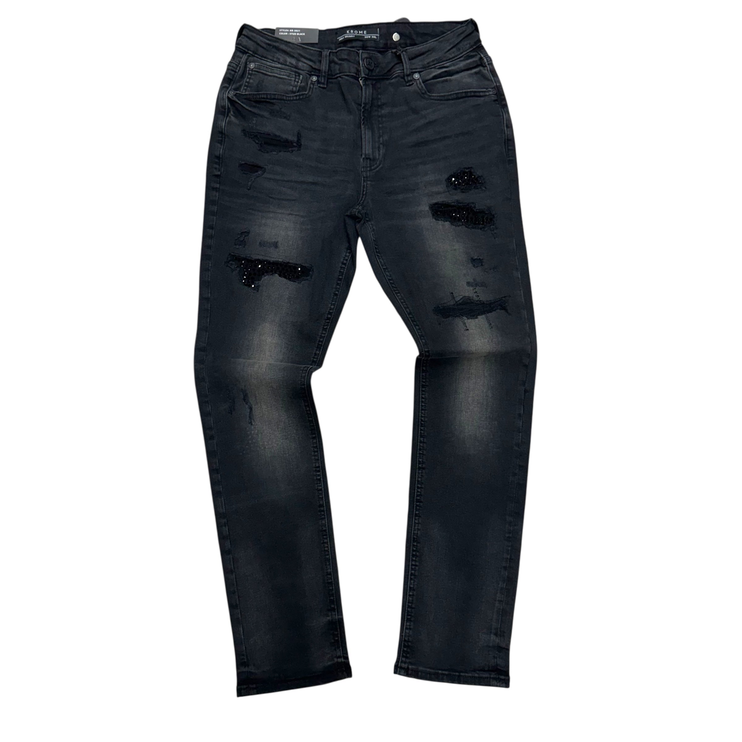 KROME - Rhinestone Distress Skinny Denim - Black - 3021