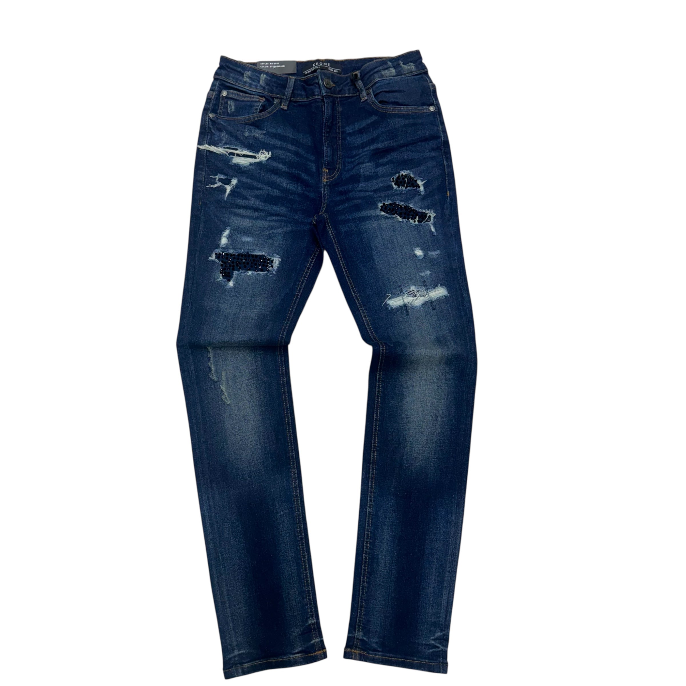 KROME - Rhinestone Distress Skinny Denim - Idigo - 3021