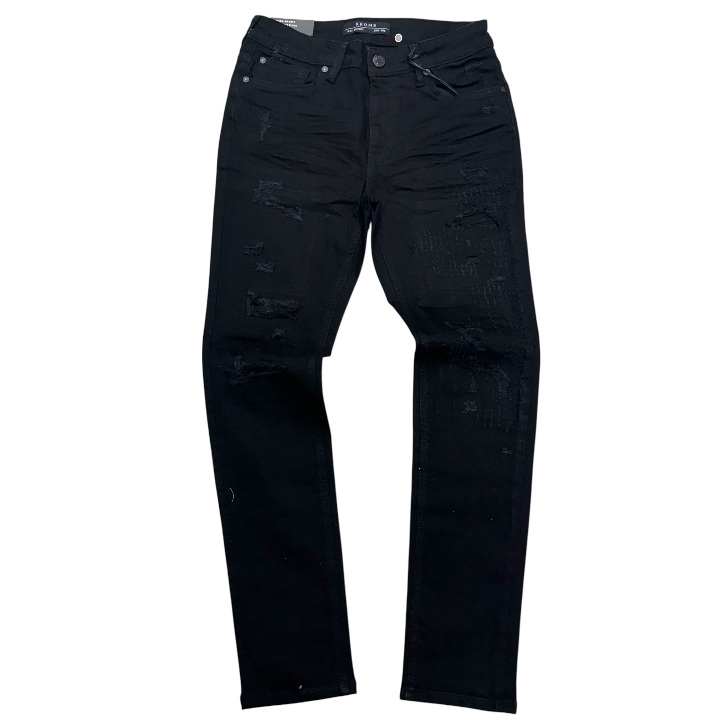 KROME - All Distress Skinny Denim - JET BLACK - 3019