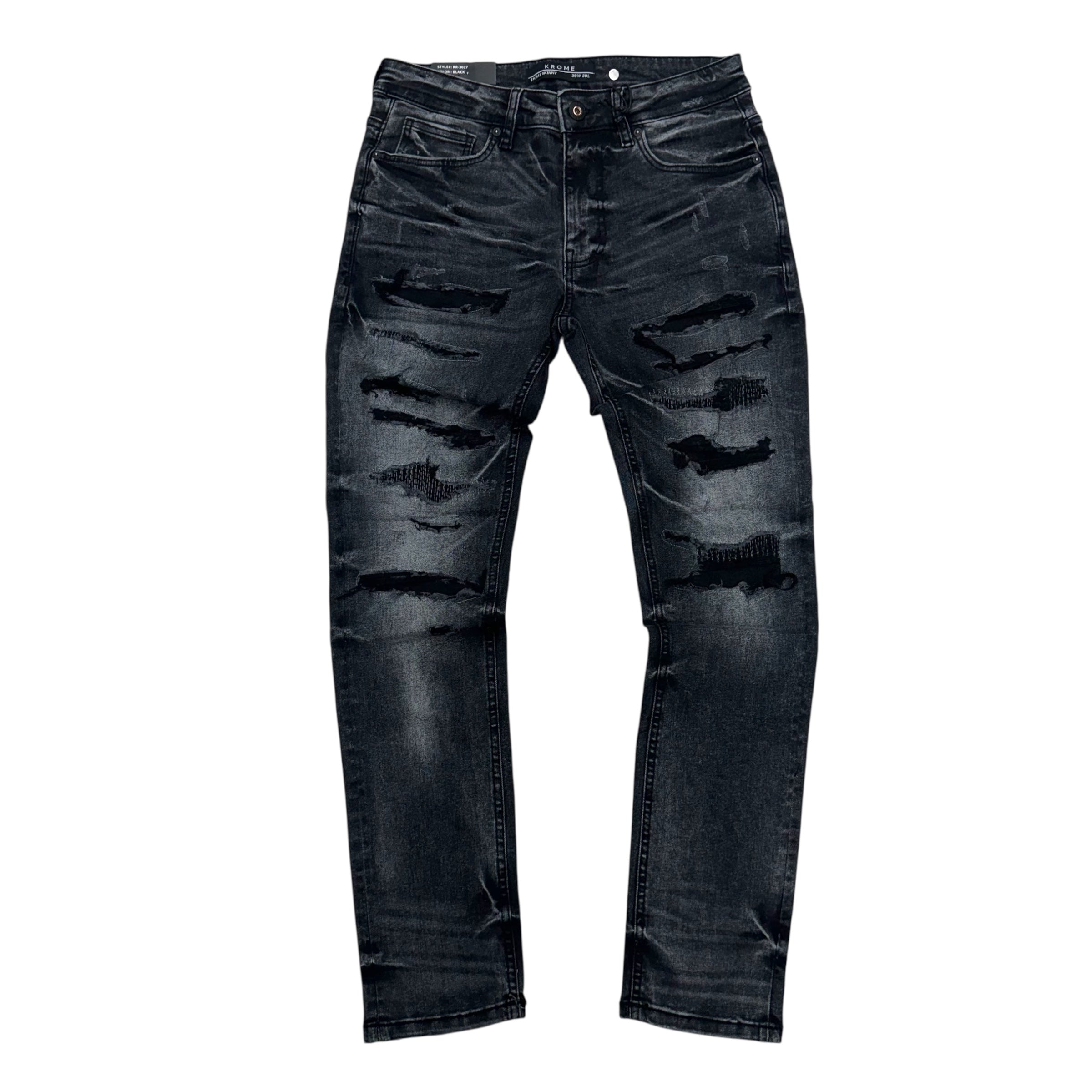 KROME - All Distress Skinny Denim - Black - 3027
