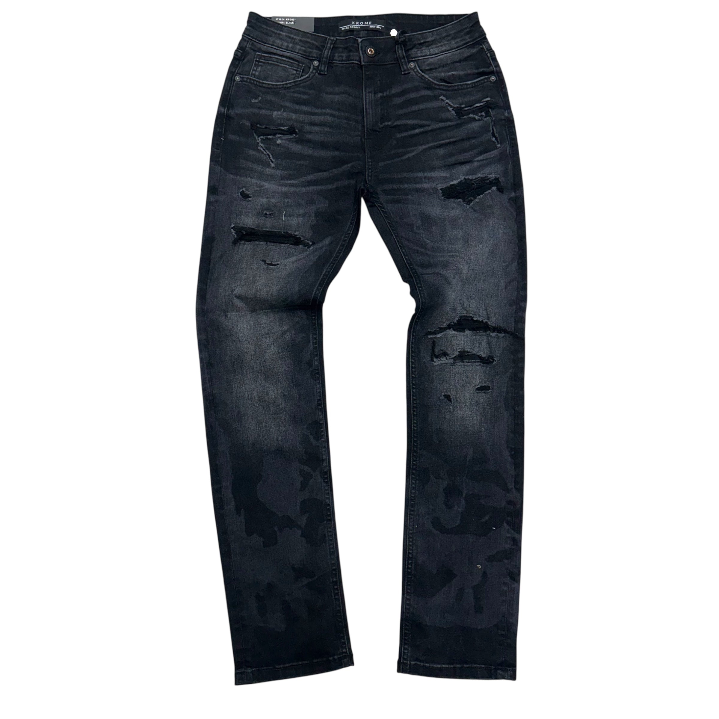 KROME - Rip Washed Skinny Denim - Black - 3031