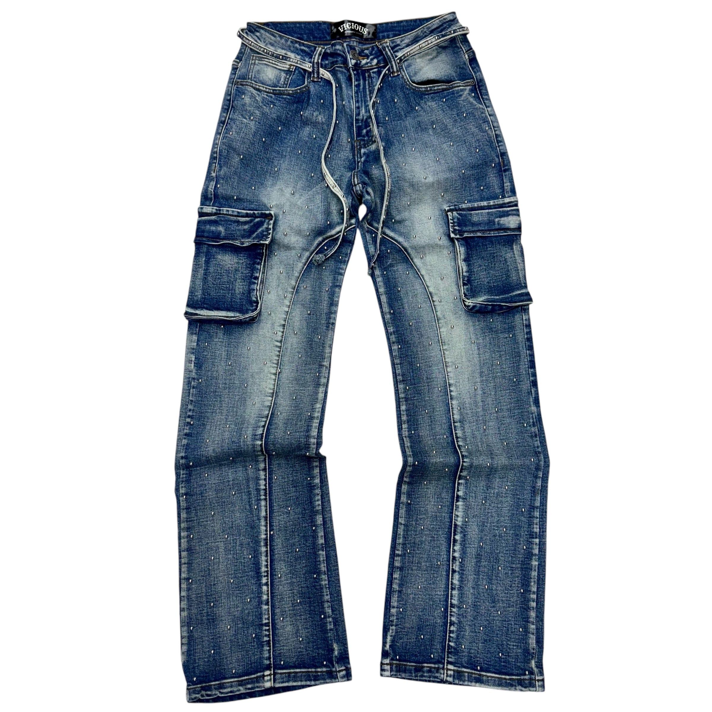 Vicious Studded Cargo Relaxed Straight Denim MD Blue Vc747