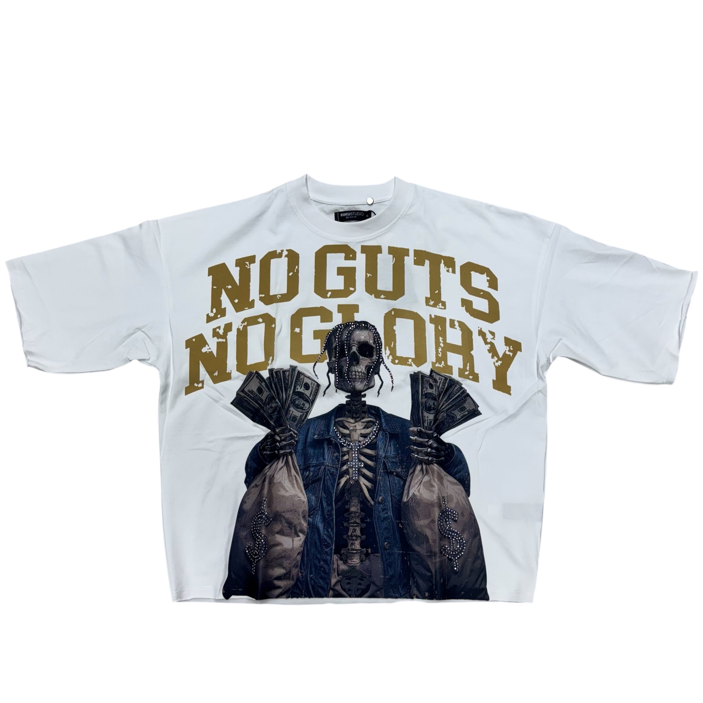 Roku Rhinestone No Guts No Glory  Sleeve Crop T-Shirt White 1639