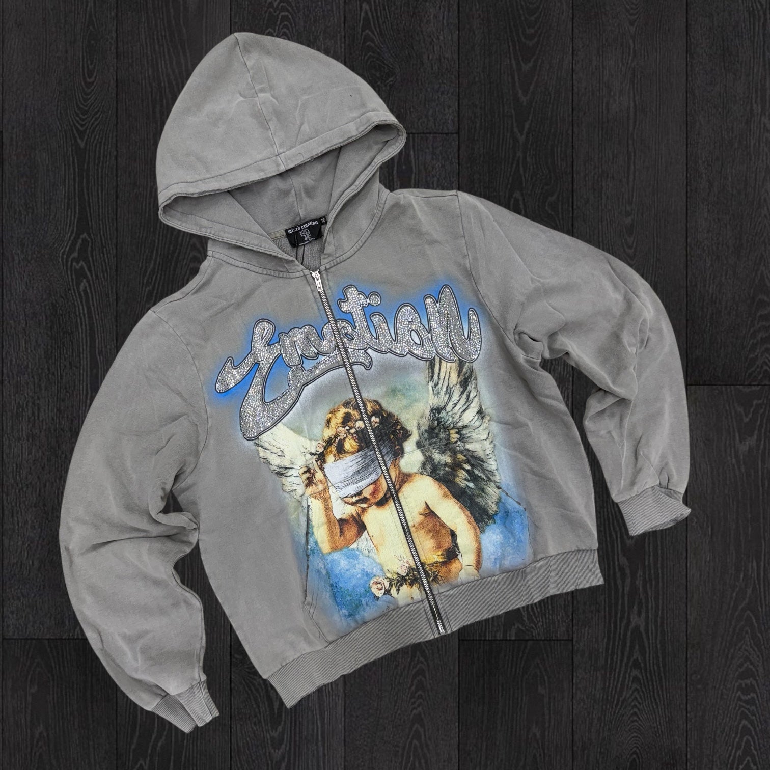 Mixed Emotion - Rhinestone Zip Hoodie - Vintage Wash Grey