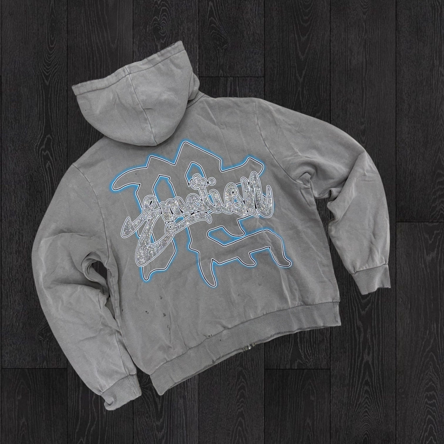 Mixed Emotion - Rhinestone Zip Hoodie - Vintage Wash Grey