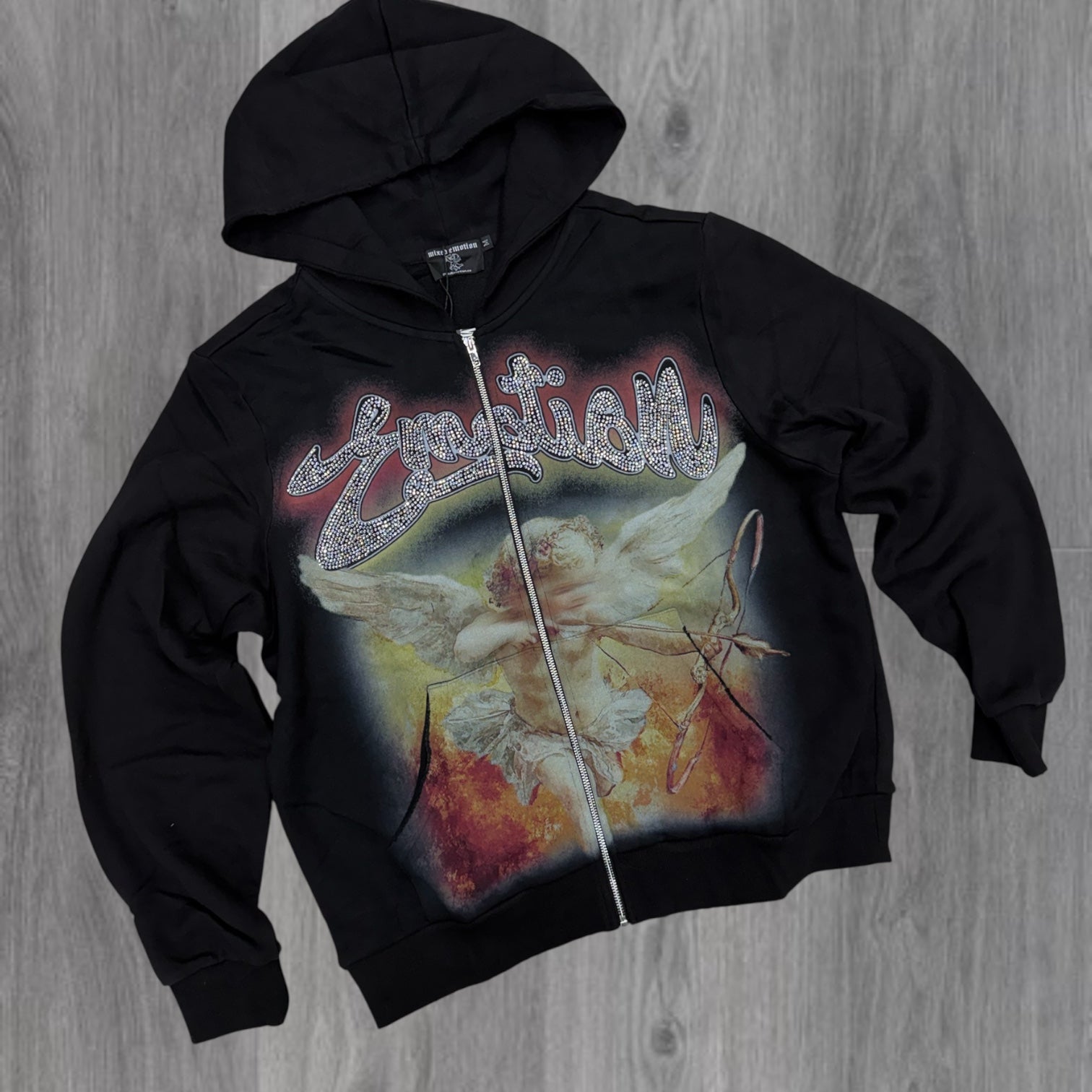 Mixed Emotion - Rhinestone Zip Hoodie - Jet Black