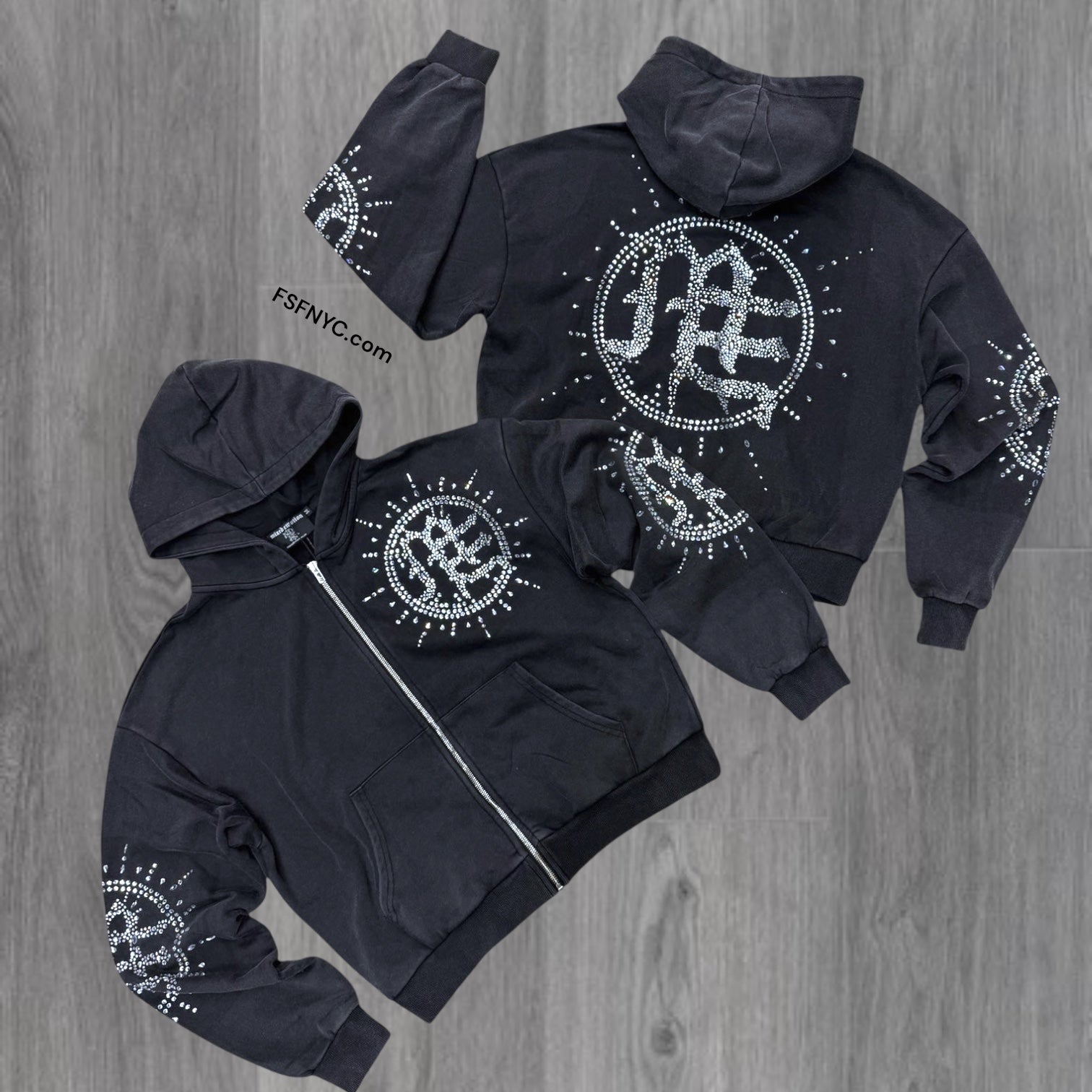 Mixed Emotion - Eclipse Rhinestone Zip Hoodie - Grey Vintage