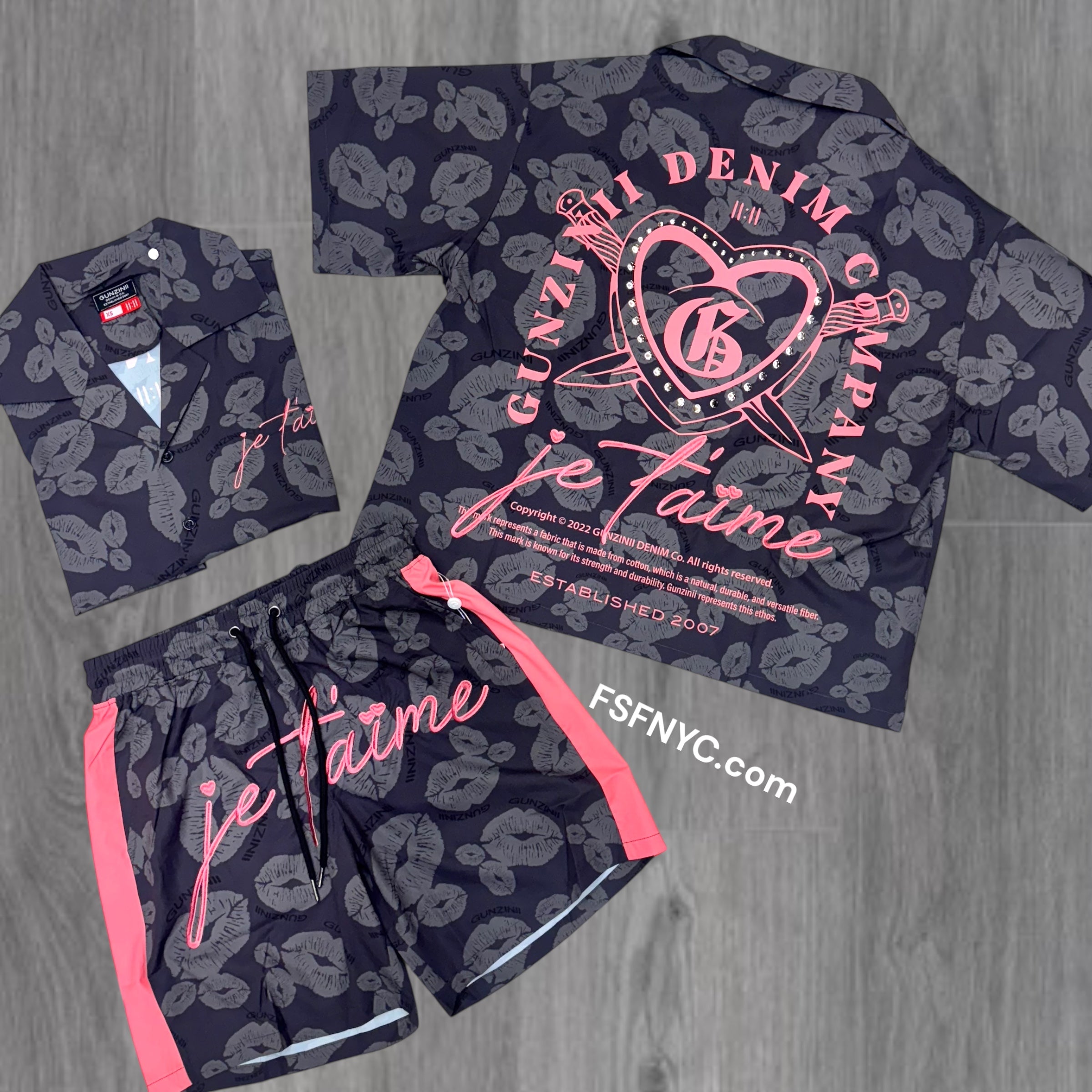 Gunzinii Silk Button Down Short Set Charcoal Pink Gz681 Gz629